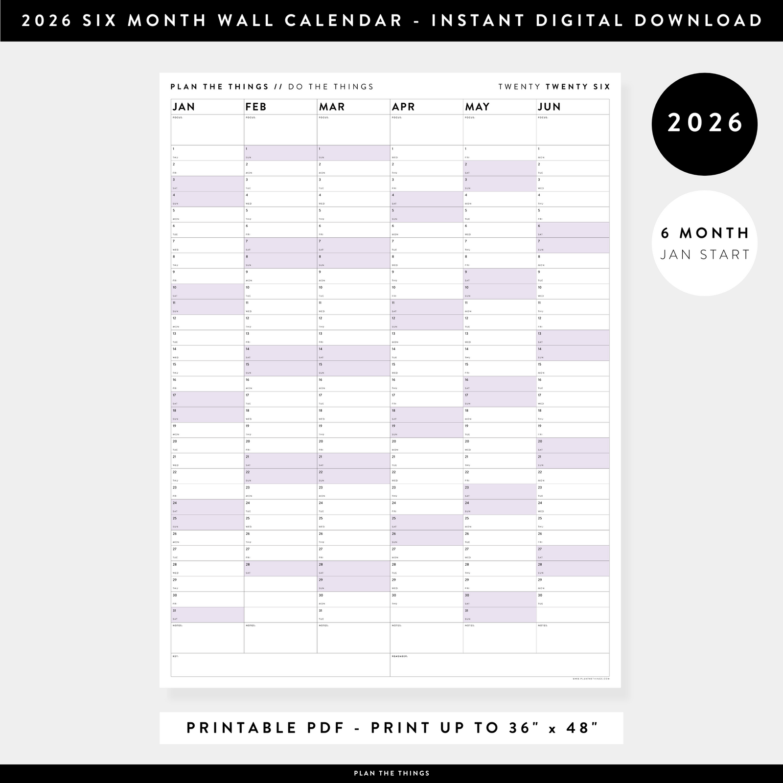 PRINTABLE SIX MONTH 2026 WALL CALENDAR (JANUARY TO JUNE) WITH PURPLE WEEKENDS - INSTANT DOWNLOAD