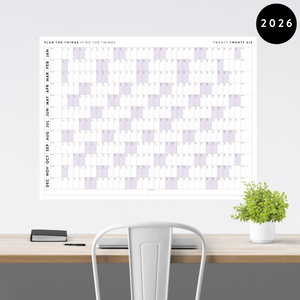 PRINTABLE 2026 HORIZONTAL WALL CALENDAR WITH PURPLE WEEKENDS - INSTANT DOWNLOAD