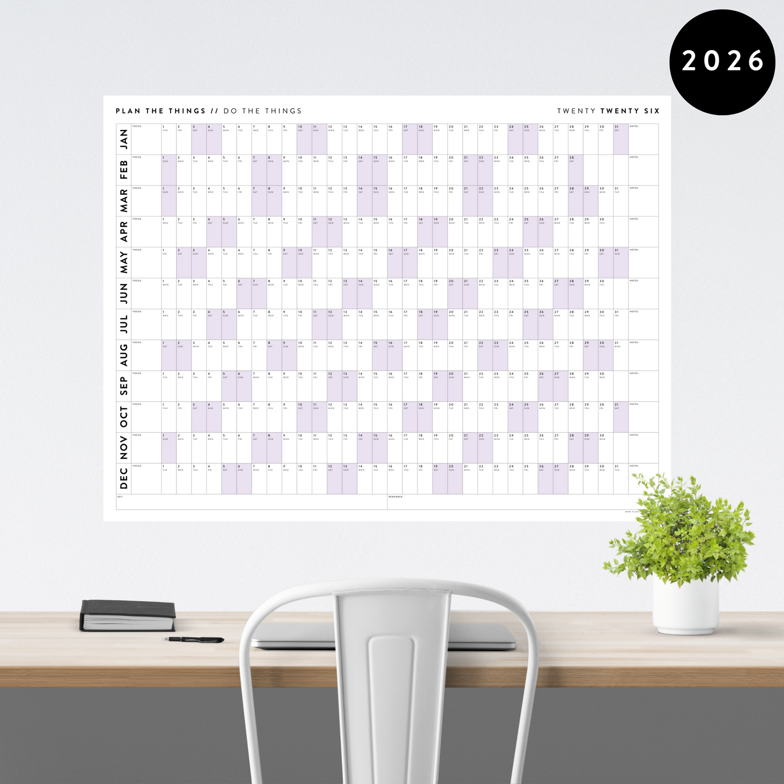 GIANT 2026 ANNUAL WALL CALENDAR | HORIZONTAL WITH PURPLE WEEKENDS
