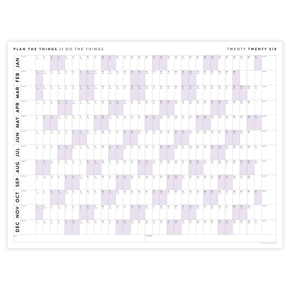 GIANT 2026 ANNUAL WALL CALENDAR | HORIZONTAL WITH PURPLE WEEKENDS