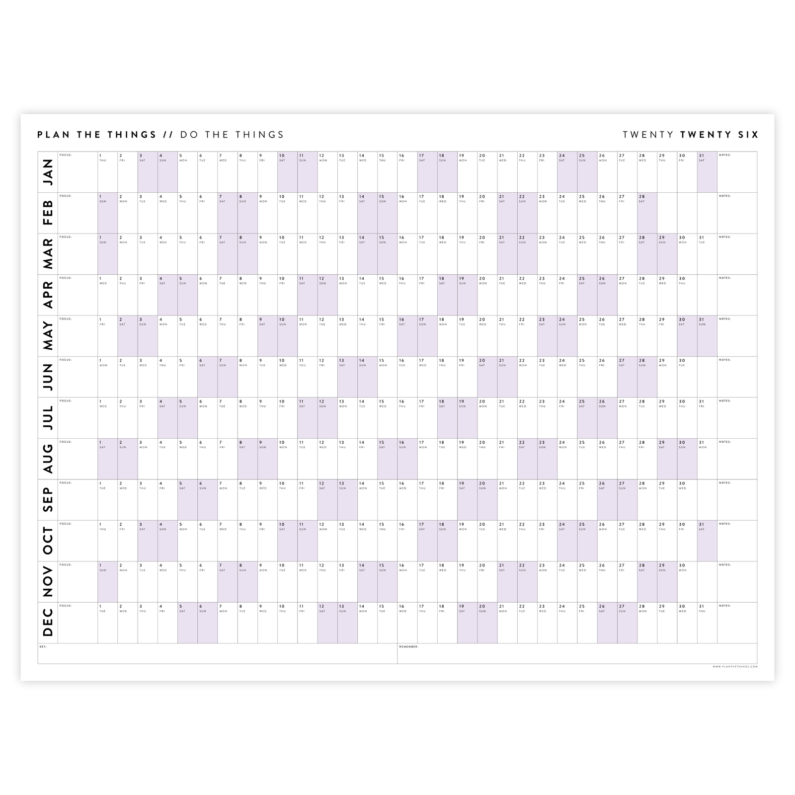 PRINTABLE 2026 HORIZONTAL WALL CALENDAR WITH PURPLE WEEKENDS - INSTANT DOWNLOAD