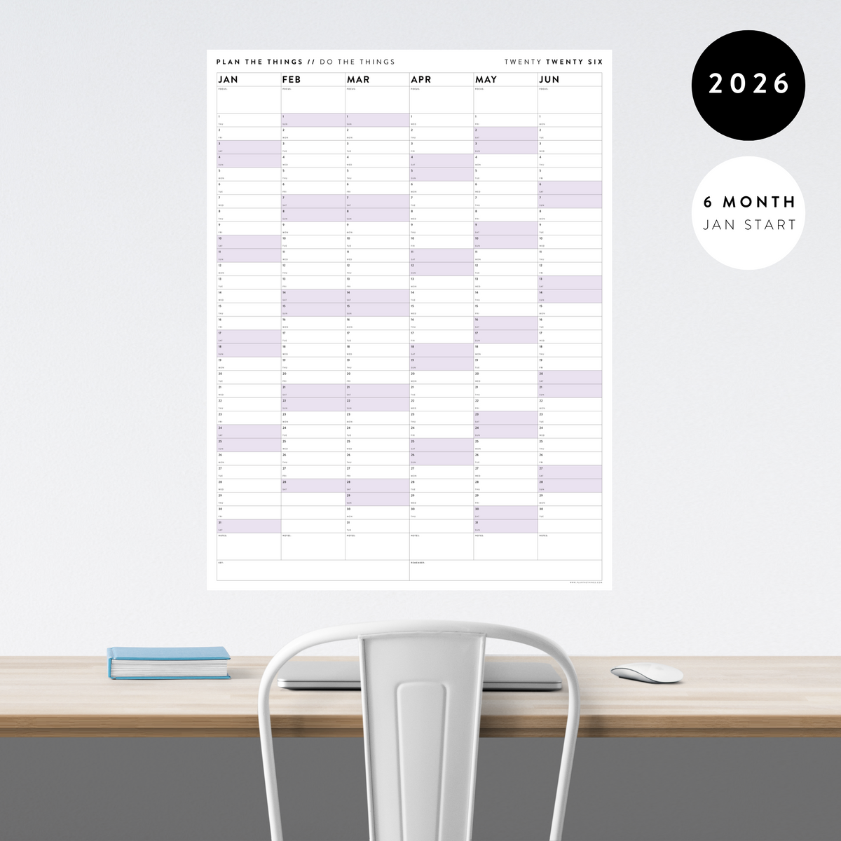 SIX MONTH 2026 GIANT WALL CALENDAR (JANUARY TO JUNE)  WITH PURPLE WEEKENDS