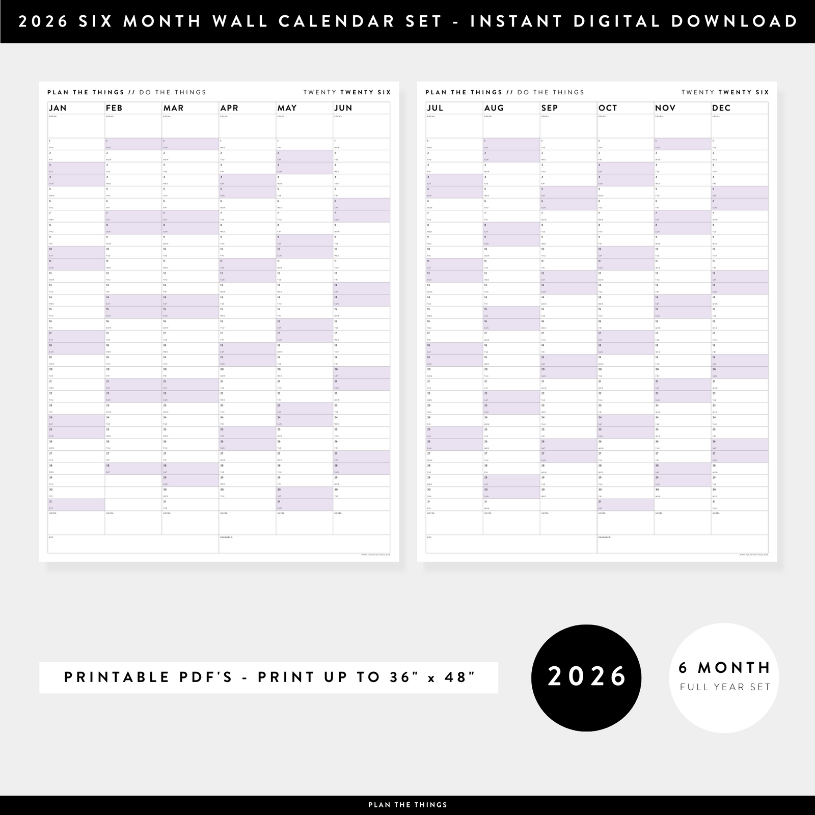 PRINTABLE SIX MONTH 2026 ACADEMIC YEAR WALL CALENDAR SET WITH PURPLE WEEKENDS - INSTANT DOWNLOAD