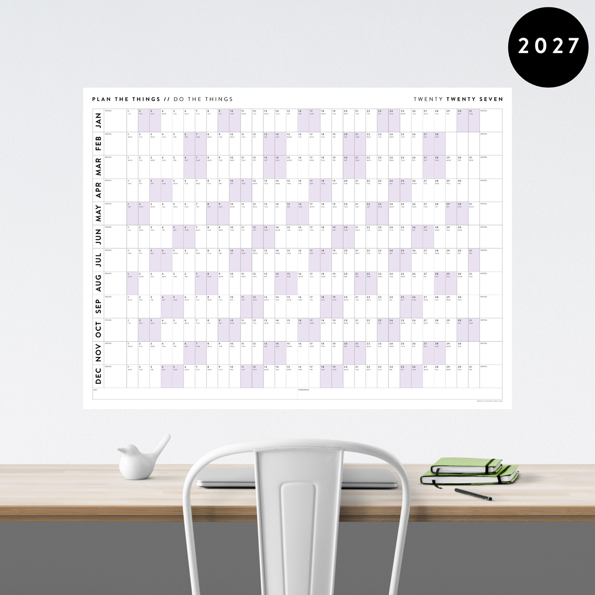 GIANT 2027 ANNUAL WALL CALENDAR | HORIZONTAL WITH PURPLE WEEKENDS
