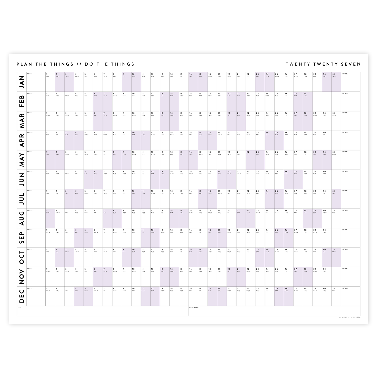 GIANT 2027 ANNUAL WALL CALENDAR | HORIZONTAL WITH PURPLE WEEKENDS