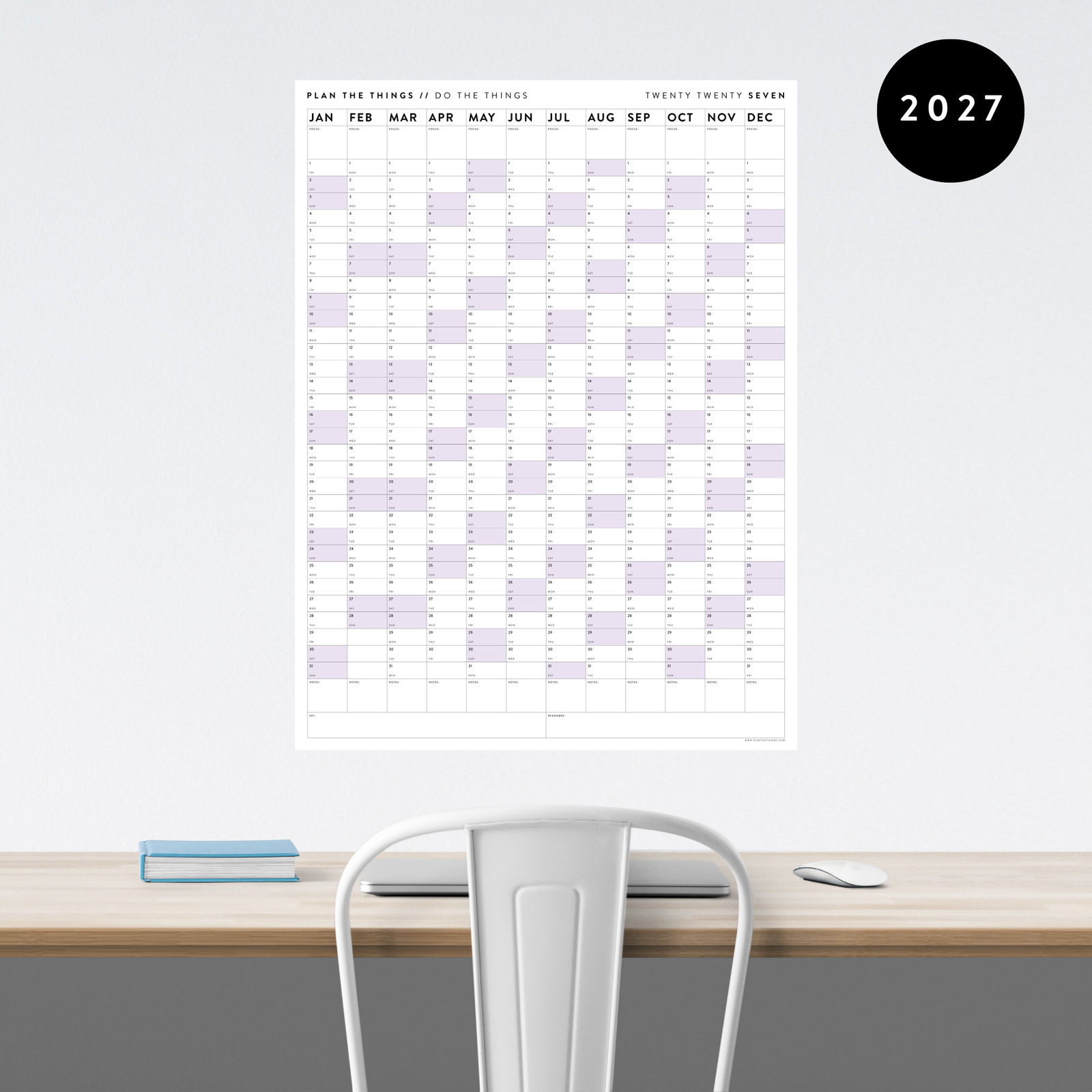 GIANT 2027 ANNUAL WALL CALENDAR | VERTICAL WITH PURPLE WEEKENDS