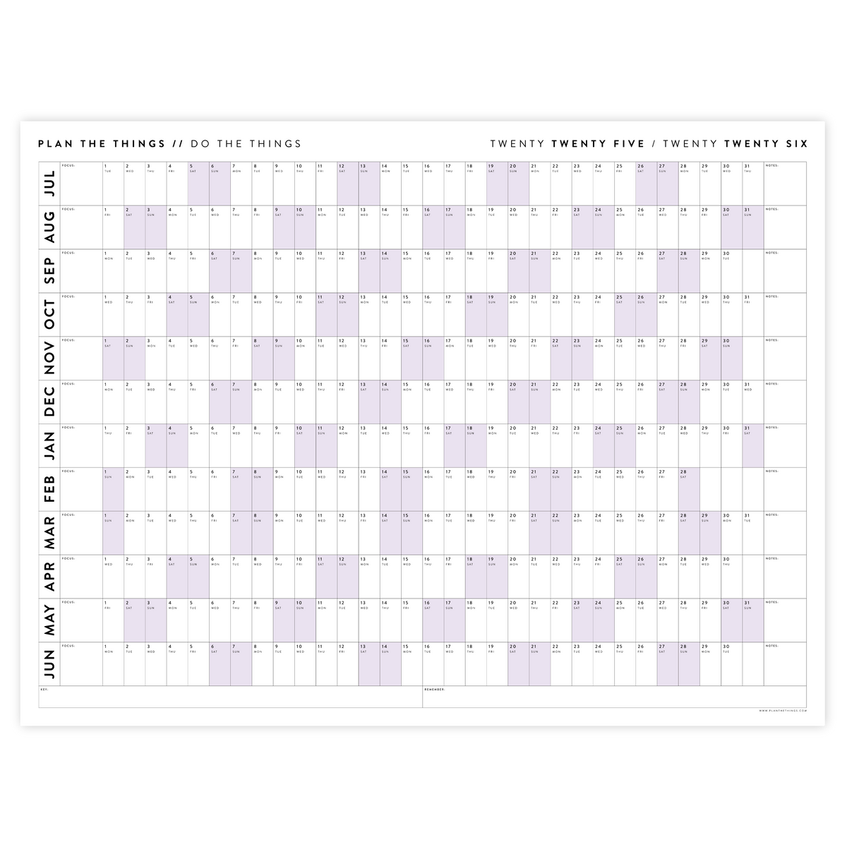 PRINTABLE 2025 - 2026 ACADEMIC WALL CALENDAR (JULY START) | HORIZONTAL WITH PURPLE WEEKENDS - INSTANT DOWNLOAD