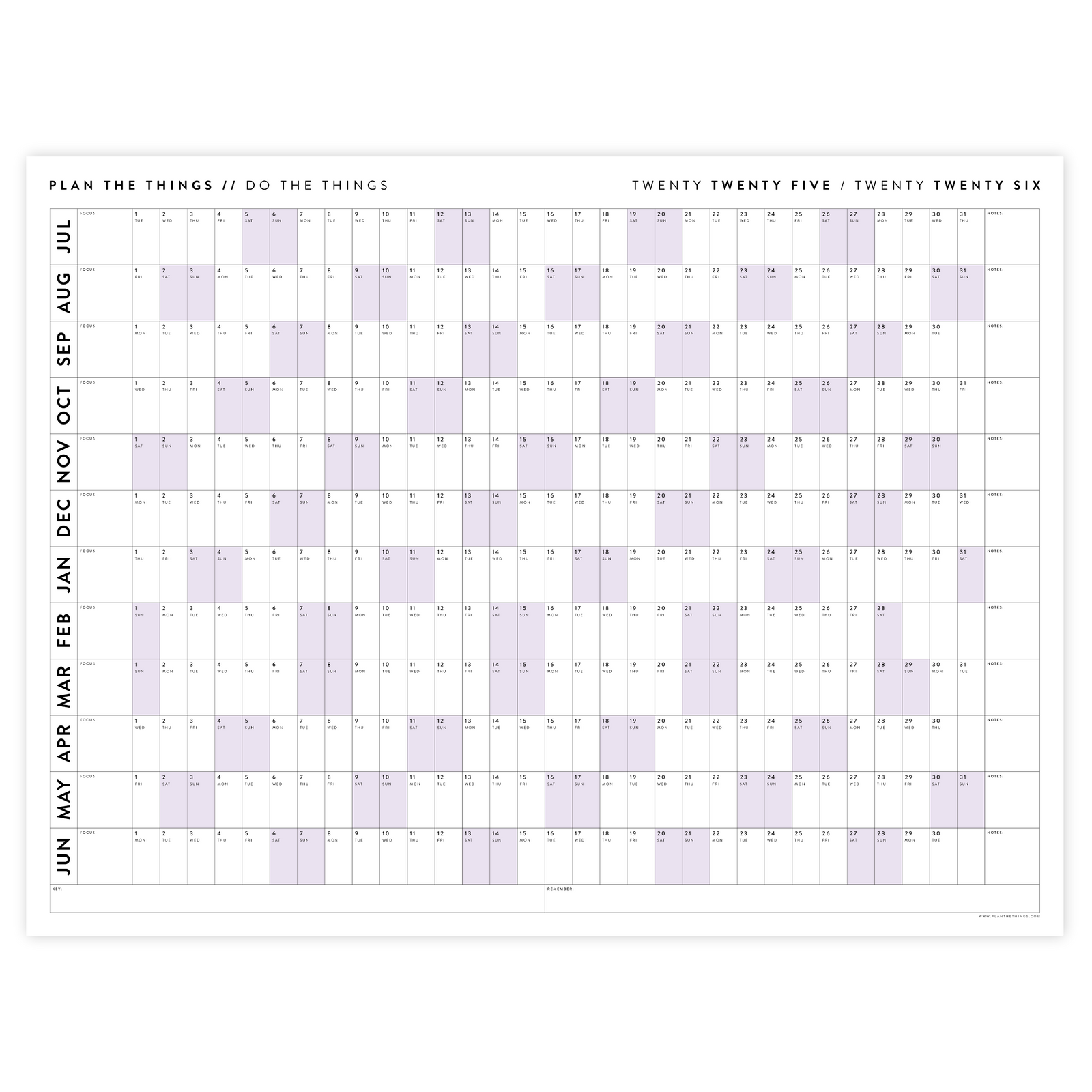 2025 - 2026 ACADEMIC WALL CALENDAR (JULY START) | HORIZONTAL WITH PURPLE WEEKENDS