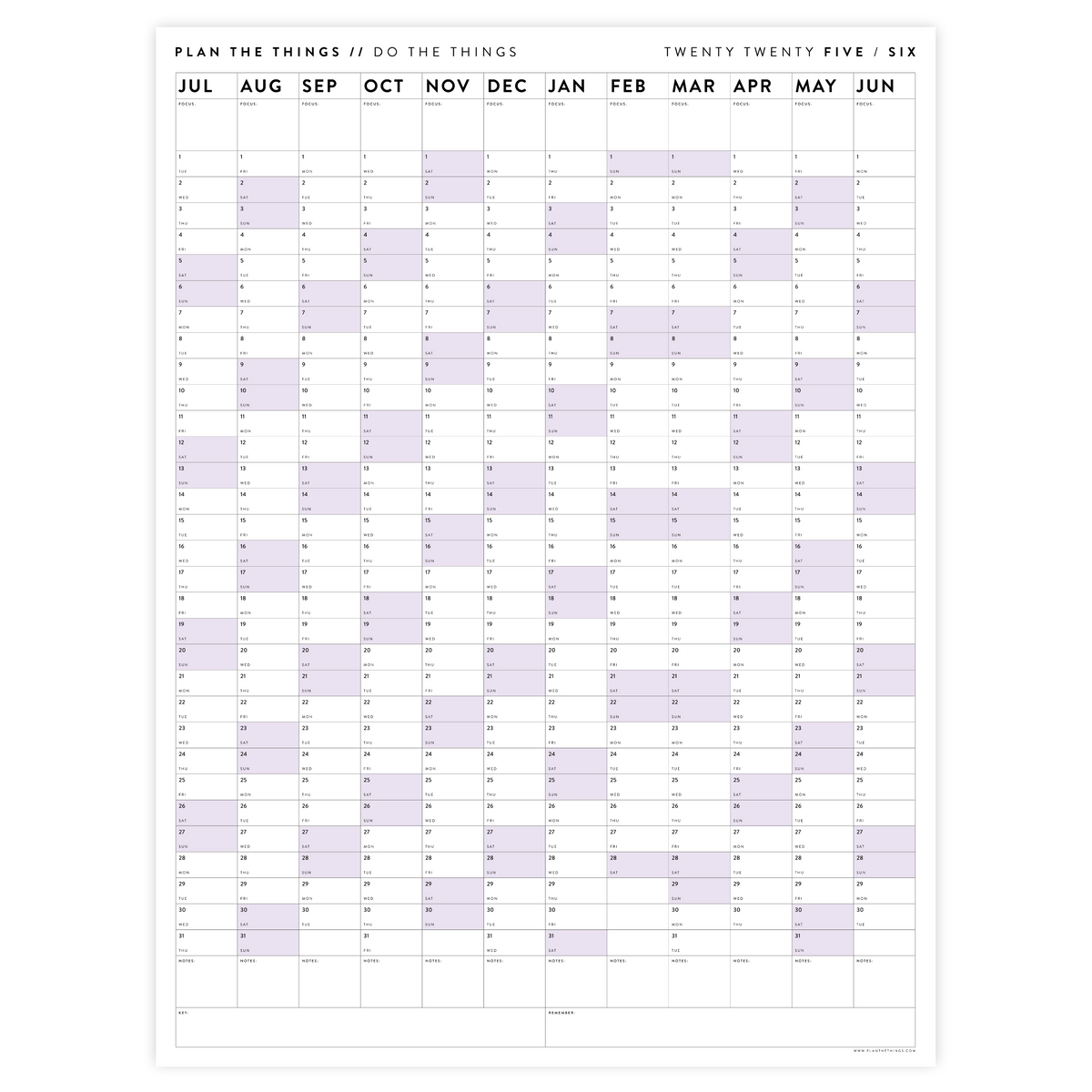 PRINTABLE 2025 - 2026 ACADEMIC WALL CALENDAR (JULY START) | VERTICAL WITH PURPLE WEEKENDS - INSTANT DOWNLOAD