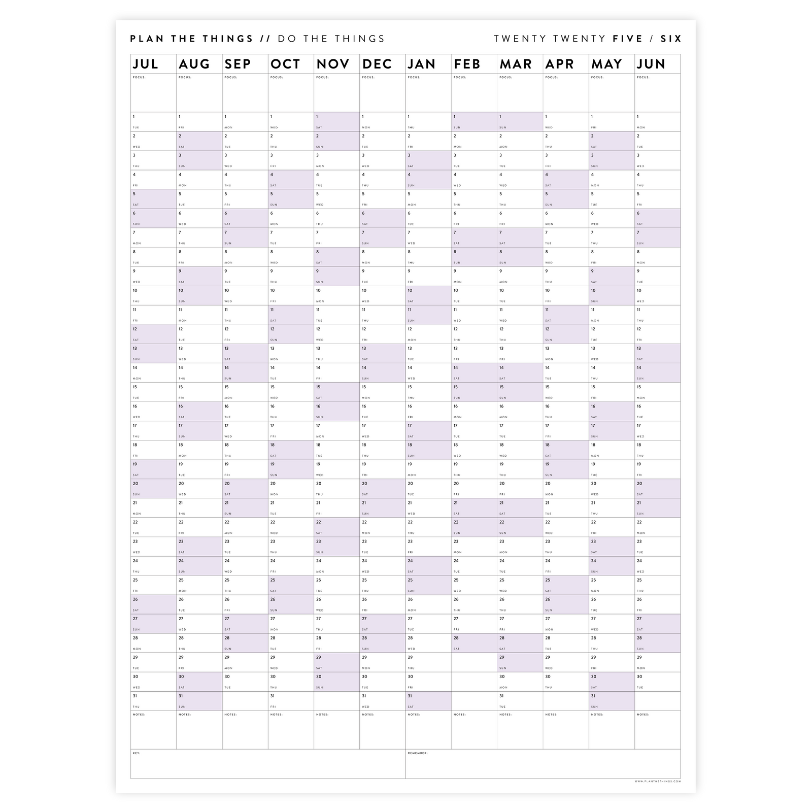 2025 - 2026 ACADEMIC WALL CALENDAR (JULY START) | VERTICAL WITH PURPLE WEEKENDS