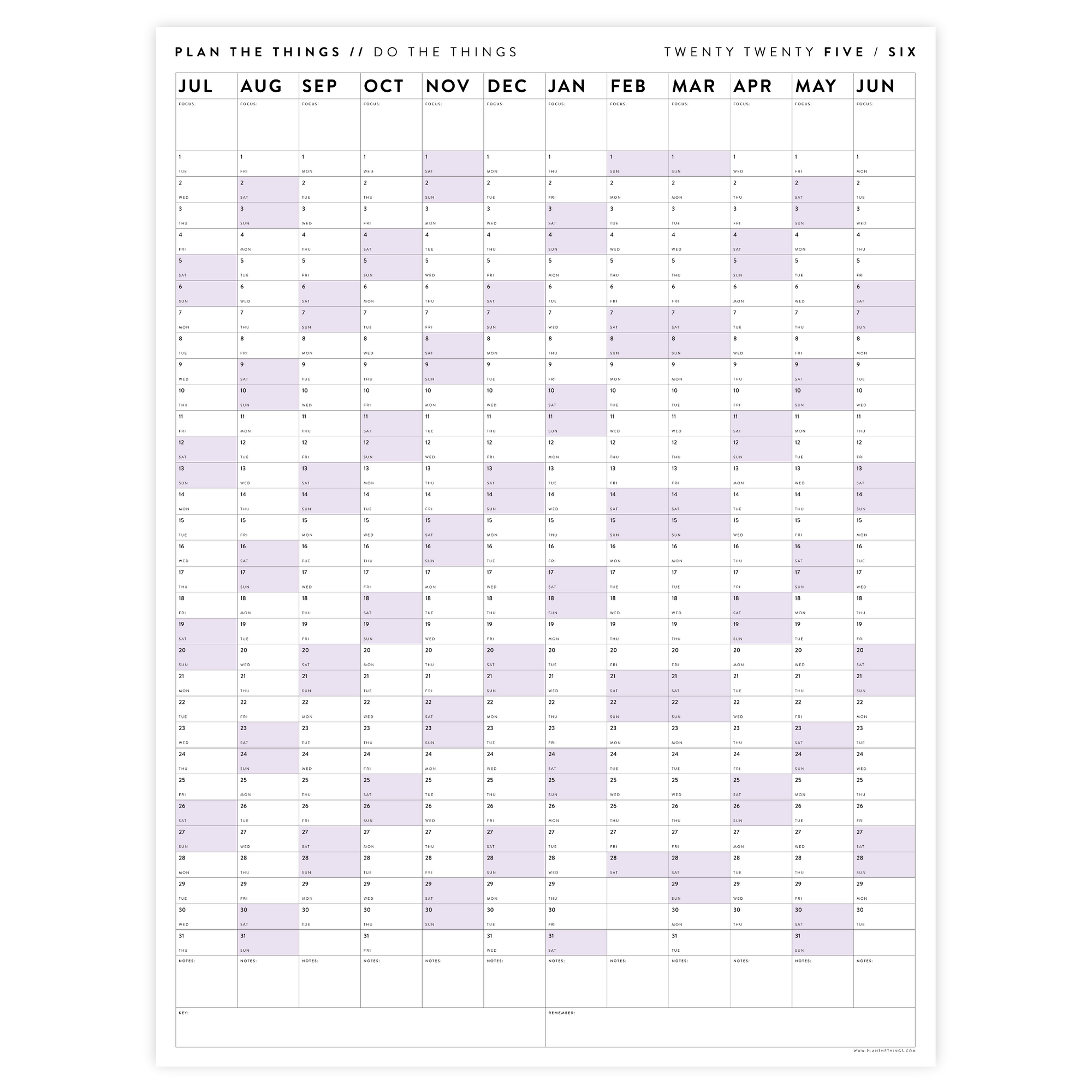 PRINTABLE 2025 - 2026 ACADEMIC WALL CALENDAR (JULY START) | VERTICAL WITH PURPLE WEEKENDS - INSTANT DOWNLOAD