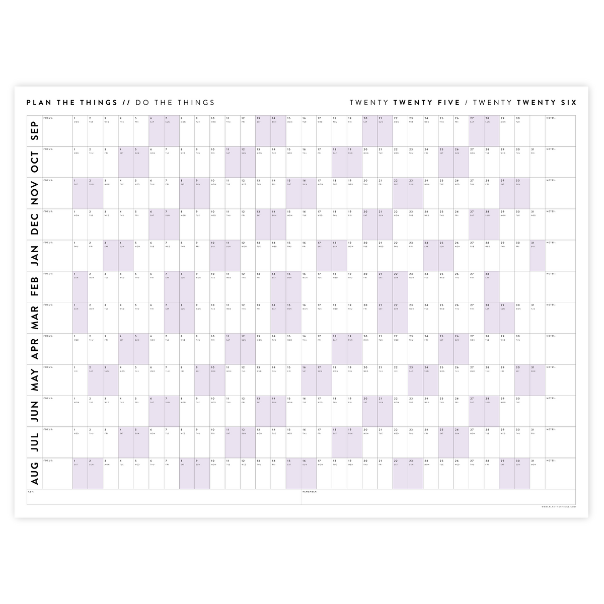 PRINTABLE 2025 - 2026 ACADEMIC WALL CALENDAR (SEPTEMBER START) | HORIZONTAL WITH PURPLE WEEKENDS - INSTANT DOWNLOAD