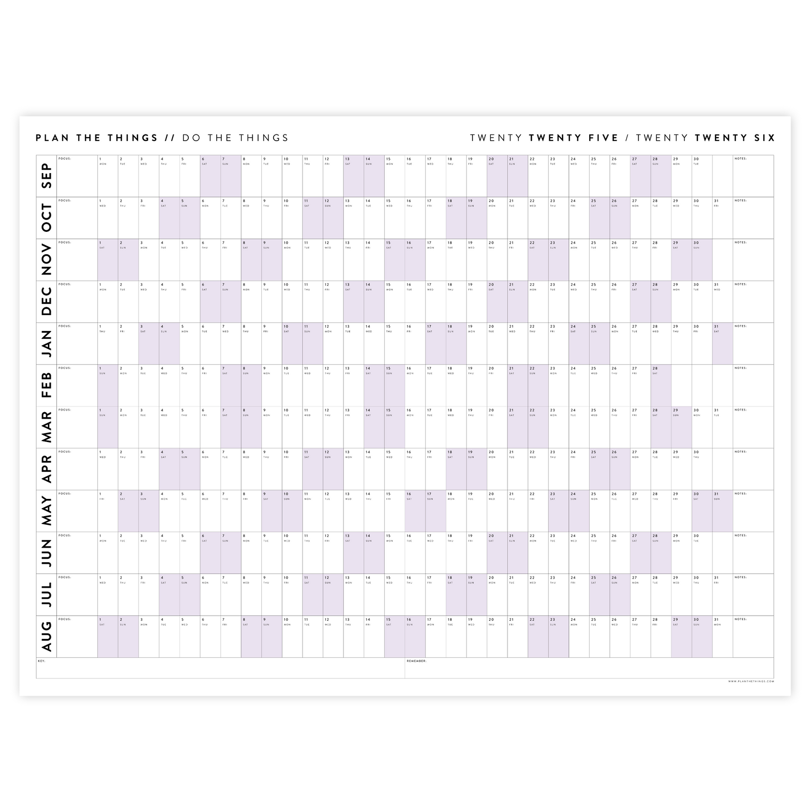 PRINTABLE 2025 - 2026 ACADEMIC WALL CALENDAR (SEPTEMBER START) | HORIZONTAL WITH PURPLE WEEKENDS - INSTANT DOWNLOAD