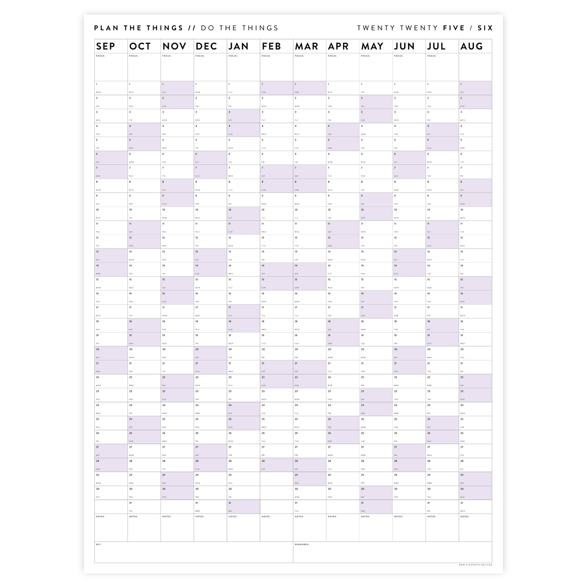 PRINTABLE 2025 - 2026 ACADEMIC WALL CALENDAR (SEPTEMBER START) | VERTICAL WITH PURPLE WEEKENDS - INSTANT DOWNLOAD