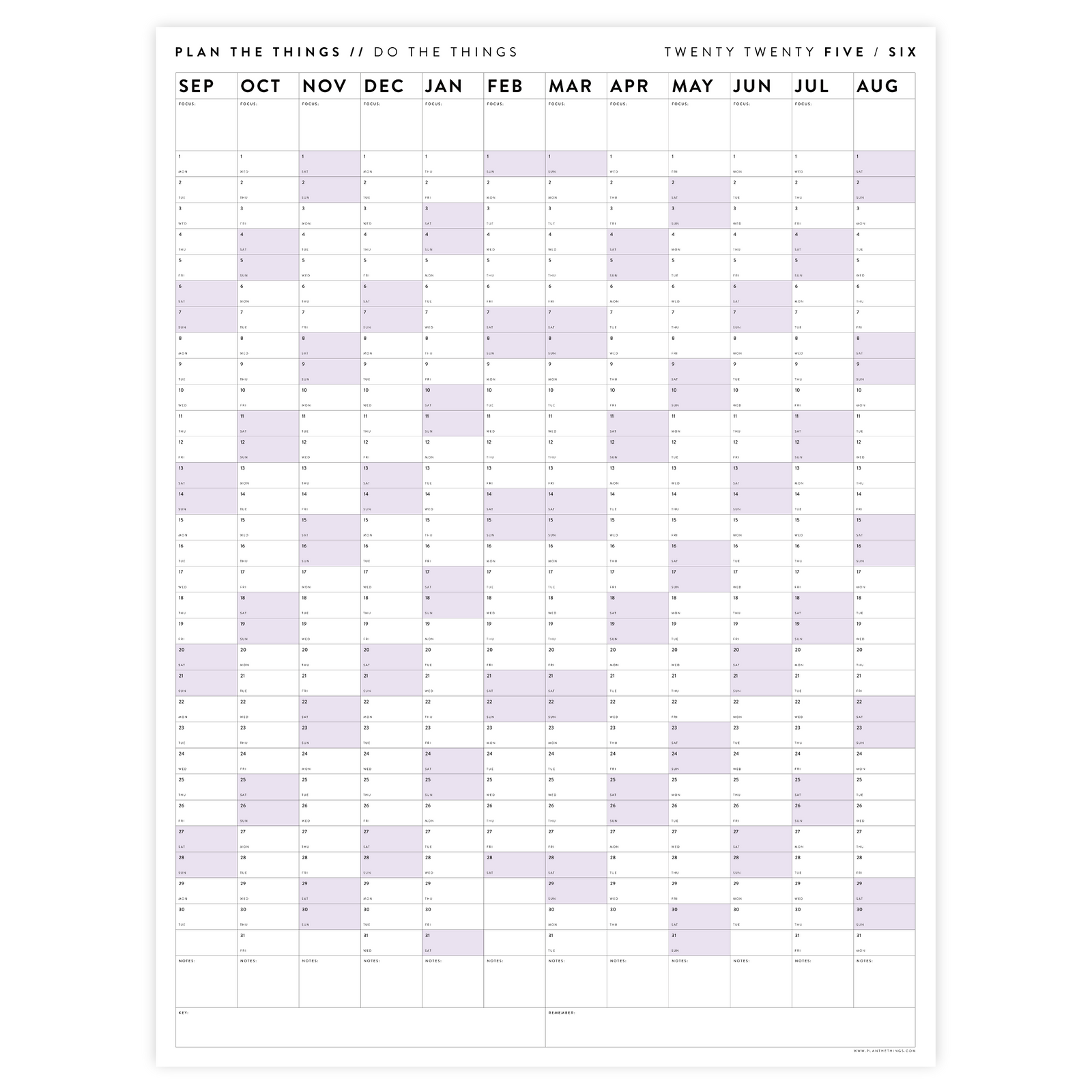 PRINTABLE 2025 - 2026 ACADEMIC WALL CALENDAR (SEPTEMBER START) | VERTICAL WITH PURPLE WEEKENDS - INSTANT DOWNLOAD