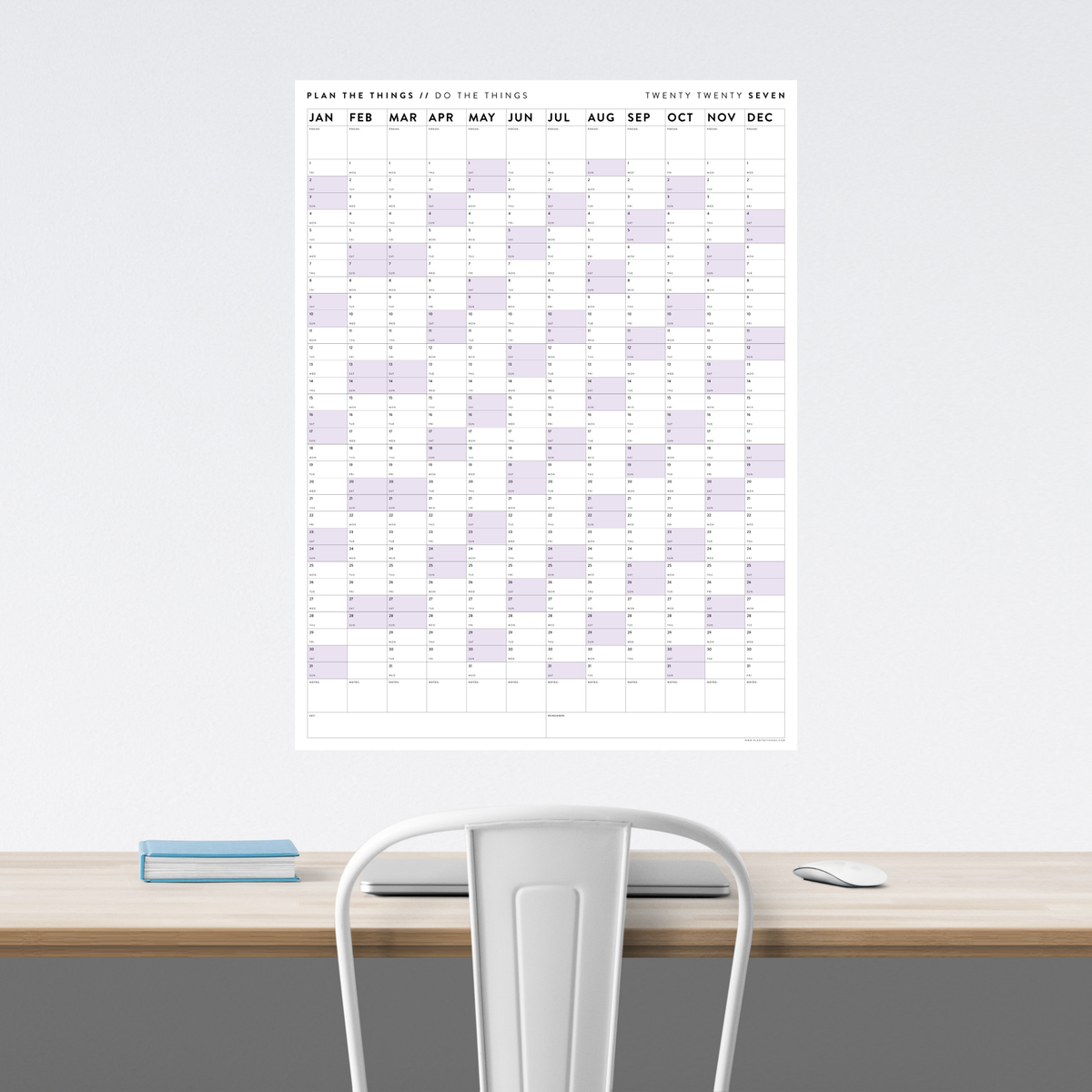 PRINTABLE VERTICAL 2027 WALL CALENDAR WITH PURPLE WEEKENDS - INSTANT DOWNLOAD