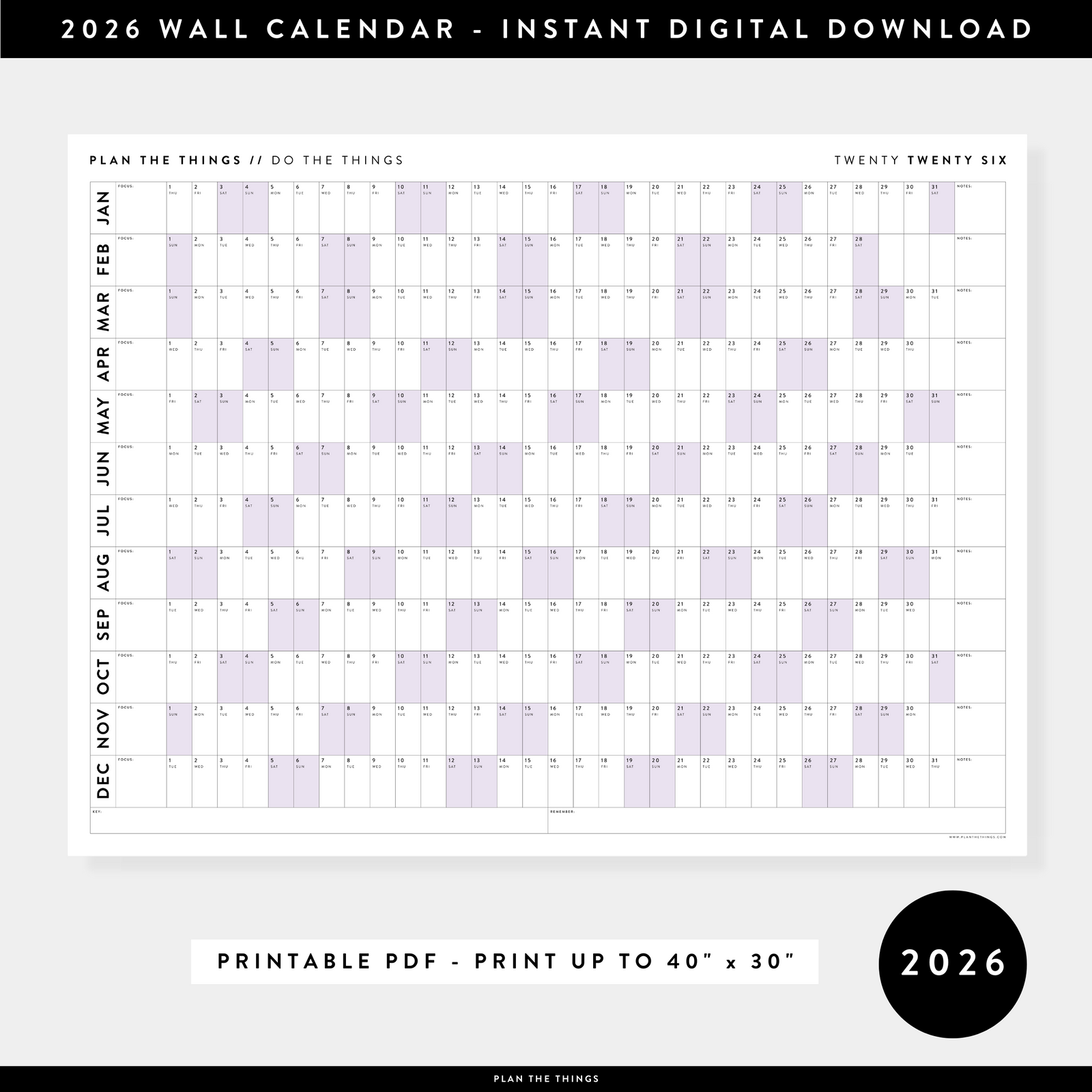 PRINTABLE 2026 HORIZONTAL WALL CALENDAR WITH PURPLE WEEKENDS - INSTANT DOWNLOAD