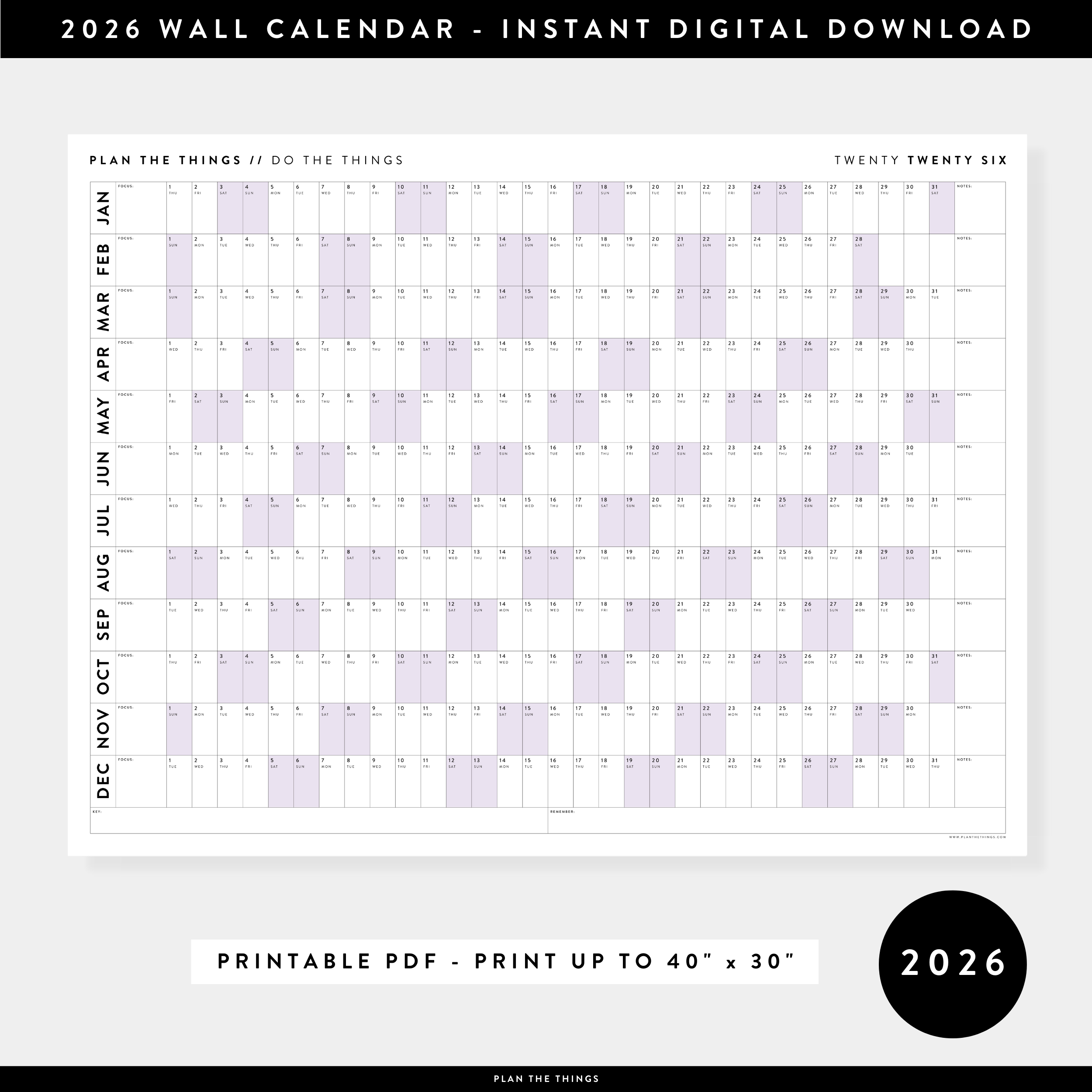 PRINTABLE 2026 HORIZONTAL WALL CALENDAR WITH PURPLE WEEKENDS INSTANT