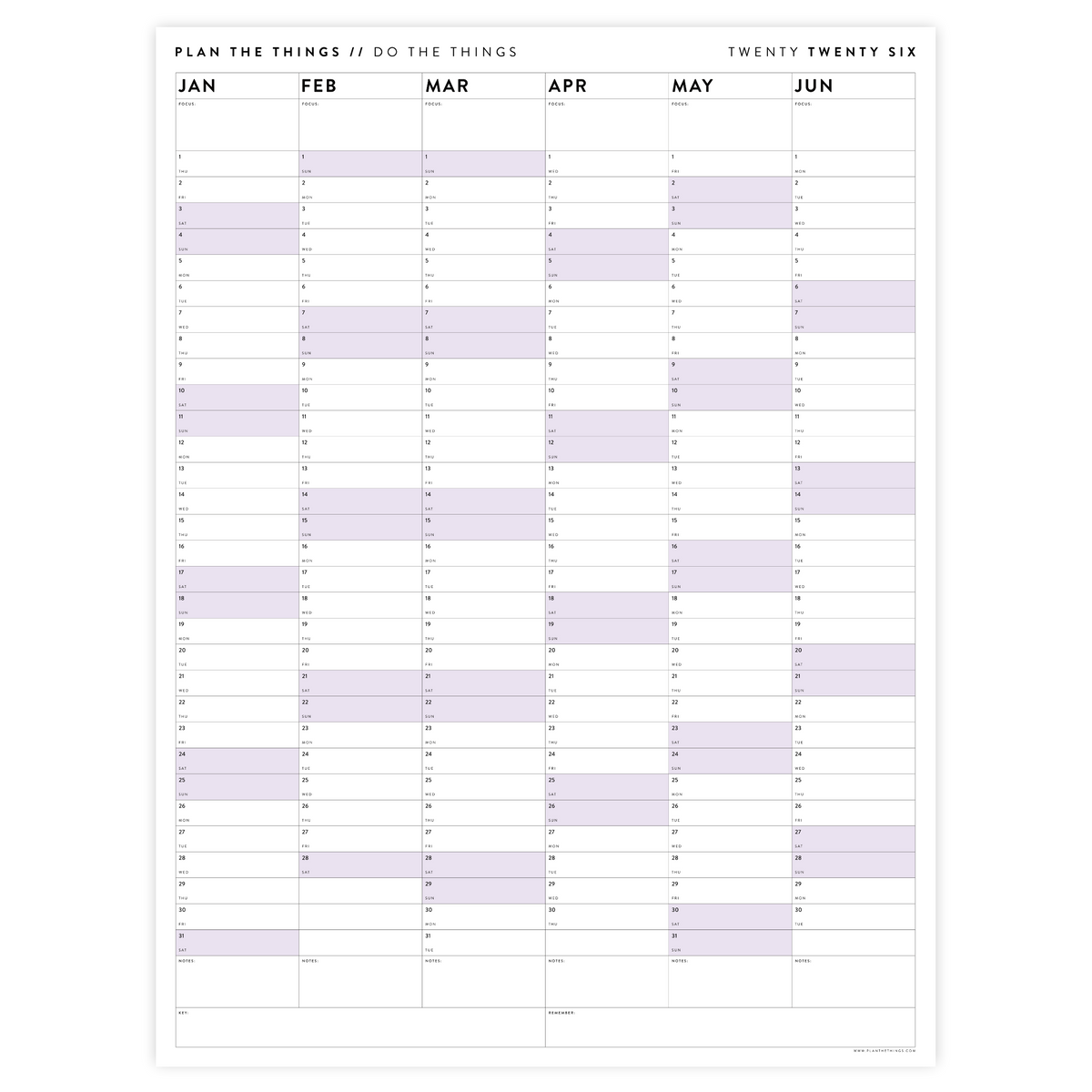 SIX MONTH 2026 GIANT WALL CALENDAR (JANUARY TO JUNE)  WITH PURPLE WEEKENDS
