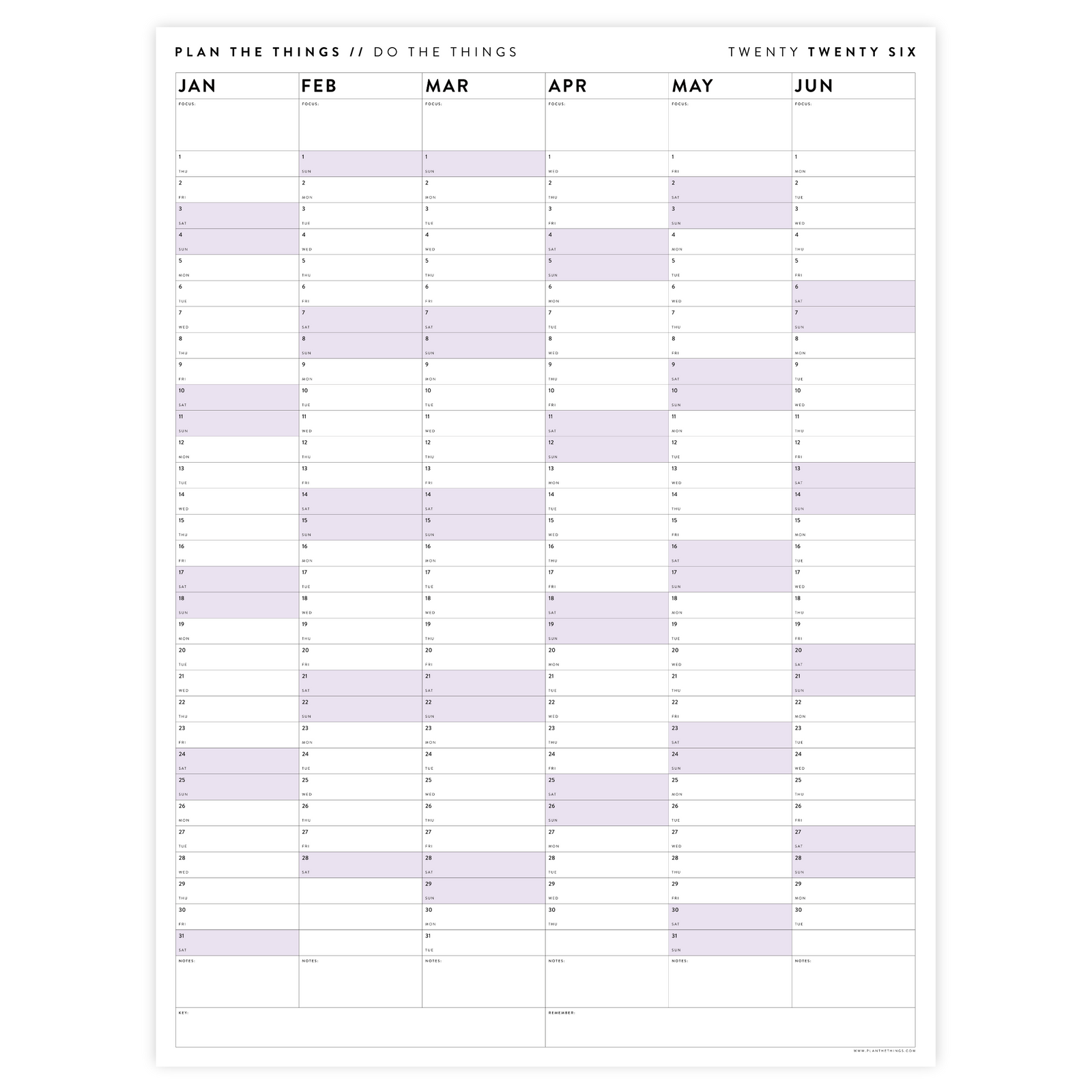 SIX MONTH 2026 GIANT WALL CALENDAR (JANUARY TO JUNE)  WITH PURPLE WEEKENDS