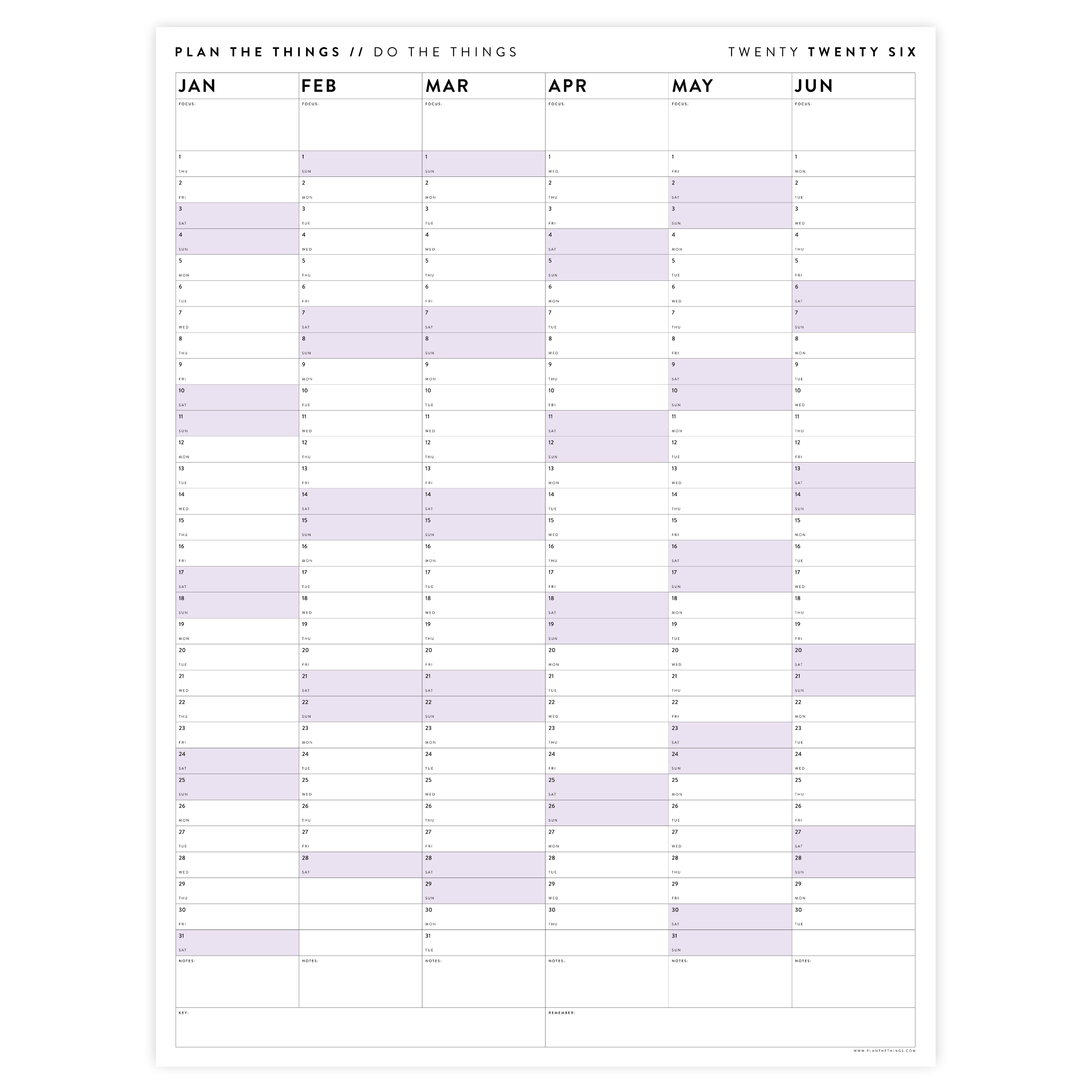SIX MONTH 2026 GIANT WALL CALENDAR (JANUARY TO JUNE) WITH PURPLE WEEKE ...