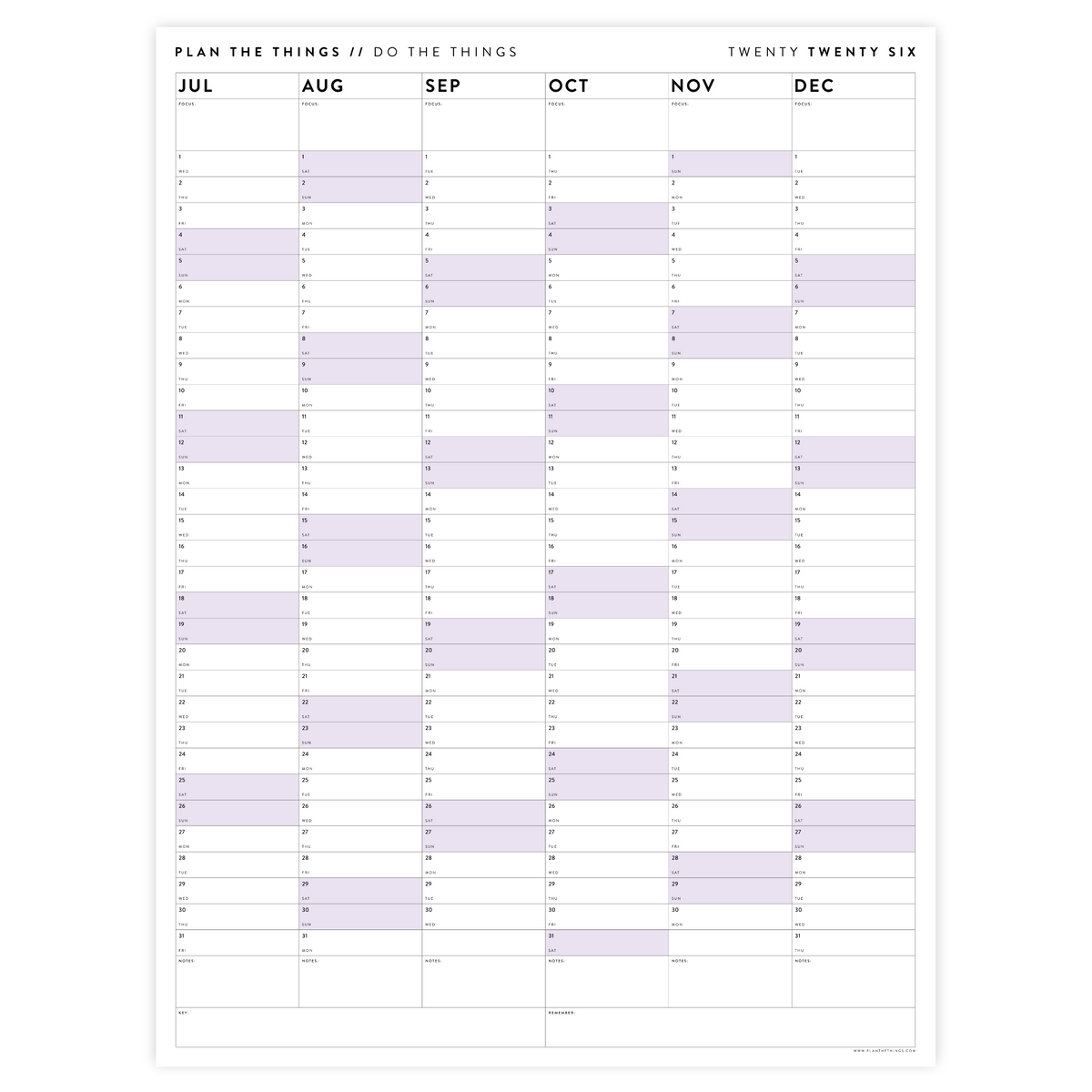 SIX MONTH 2026 GIANT WALL CALENDAR (JULY TO DECEMBER) WITH PURPLE WEEKENDS