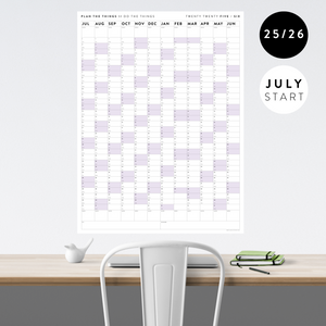 2025 - 2026 ACADEMIC WALL CALENDAR (JULY START) | VERTICAL WITH PURPLE WEEKENDS