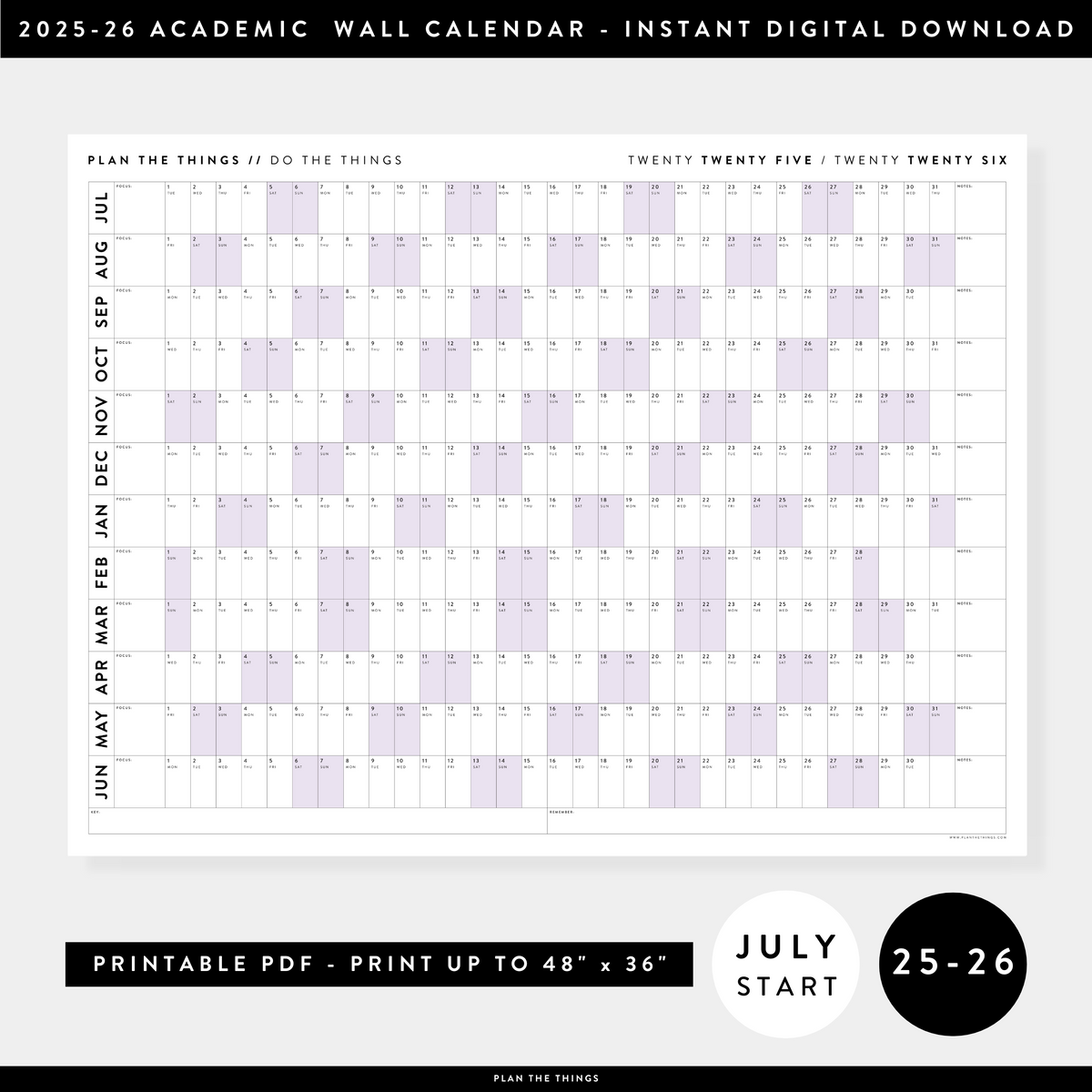 PRINTABLE 2025 - 2026 ACADEMIC WALL CALENDAR (JULY START) | HORIZONTAL WITH PURPLE WEEKENDS - INSTANT DOWNLOAD