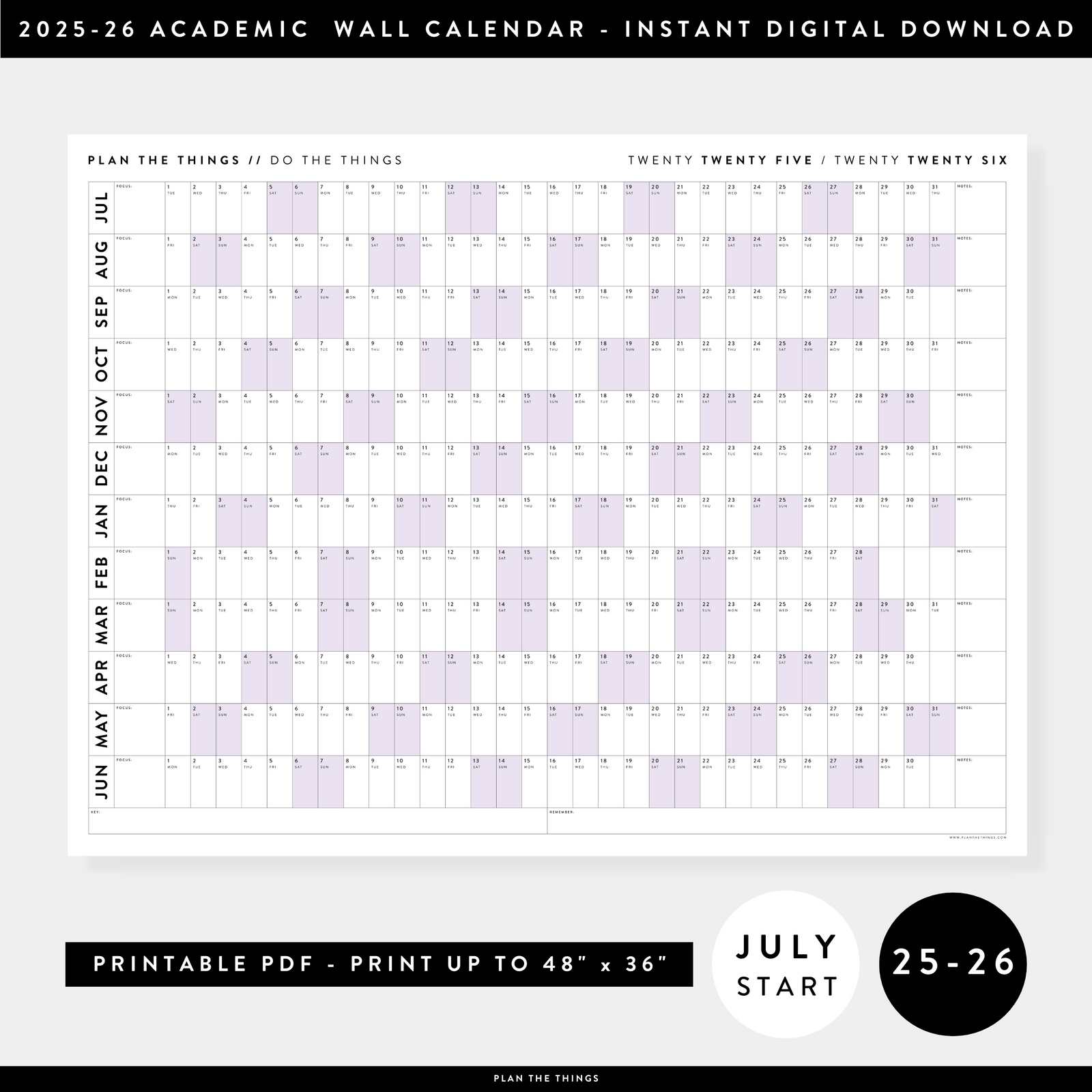 PRINTABLE 2025 - 2026 ACADEMIC WALL CALENDAR (JULY START) | HORIZONTAL WITH PURPLE WEEKENDS - INSTANT DOWNLOAD