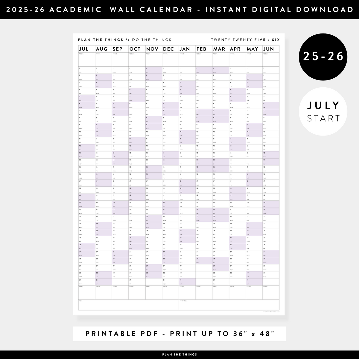 PRINTABLE 2025 - 2026 ACADEMIC WALL CALENDAR (JULY START) | VERTICAL WITH PURPLE WEEKENDS - INSTANT DOWNLOAD