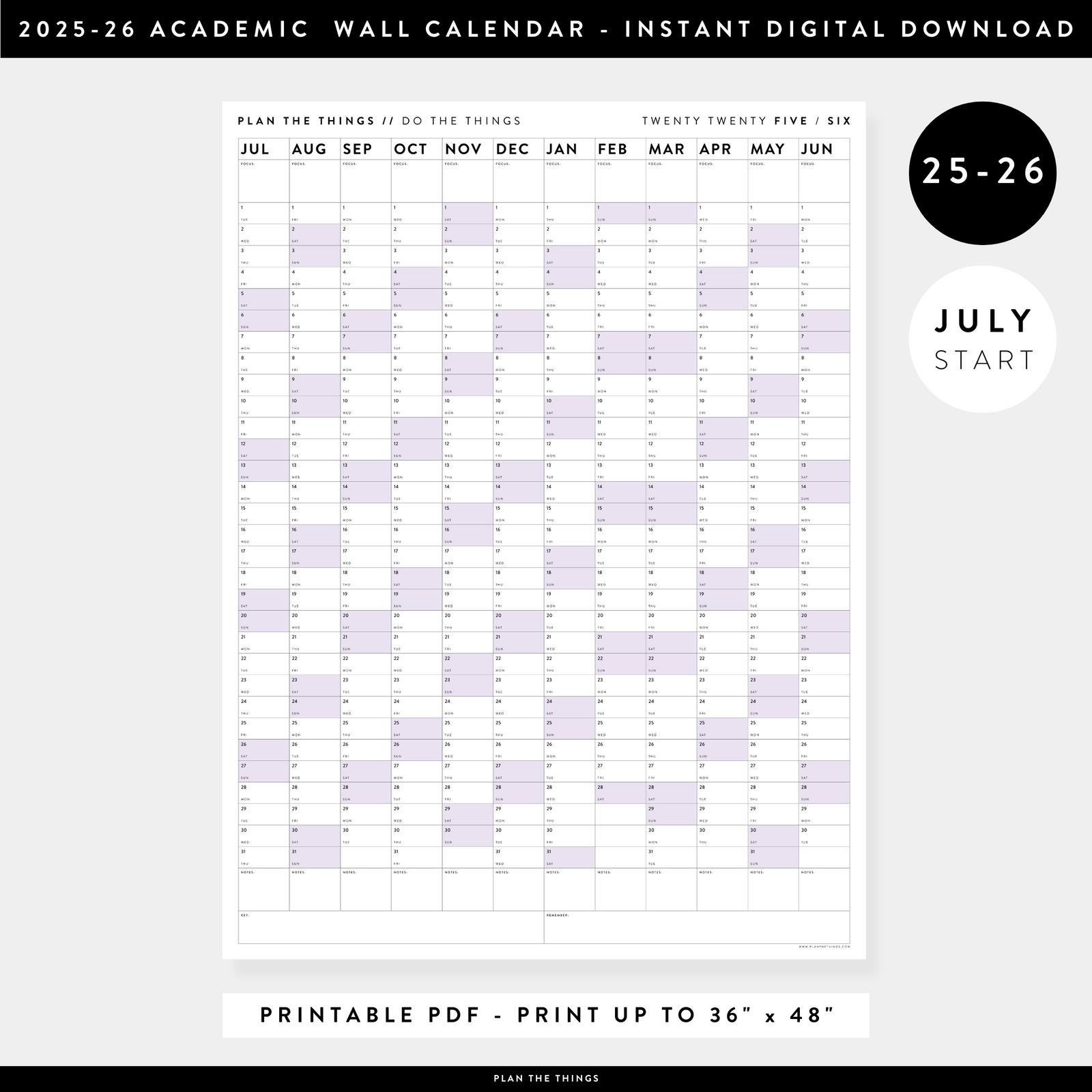 PRINTABLE 2025 - 2026 ACADEMIC WALL CALENDAR (JULY START) | VERTICAL WITH PURPLE WEEKENDS - INSTANT DOWNLOAD
