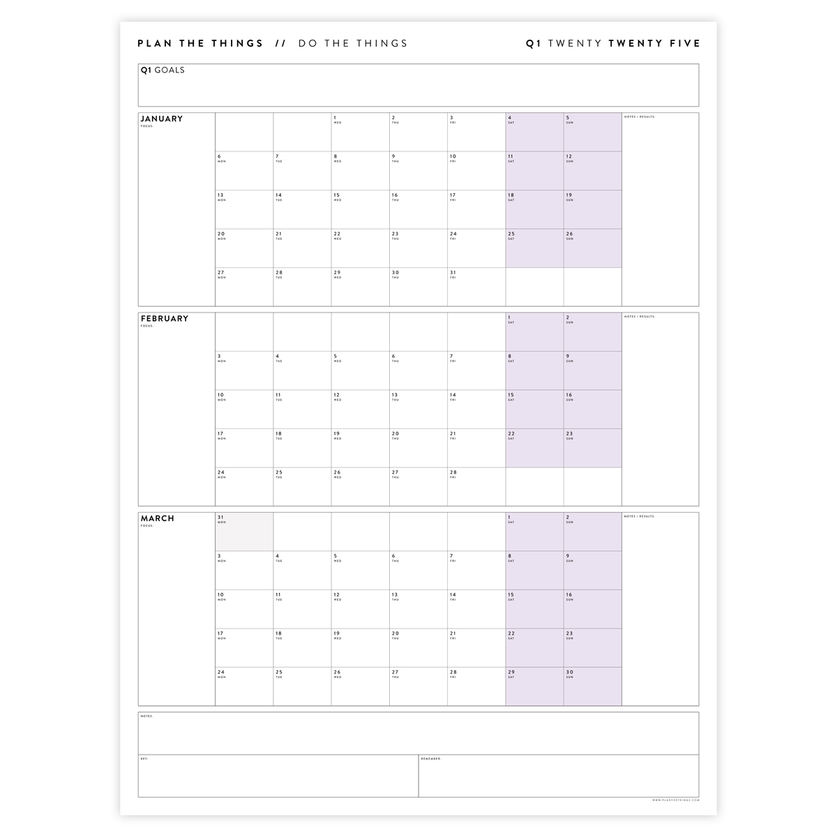 PRINTABLE Q1 (JANUARY - MARCH) 2025 QUARTERLY WALL CALENDAR (PURPLE) - INSTANT DOWNLOAD