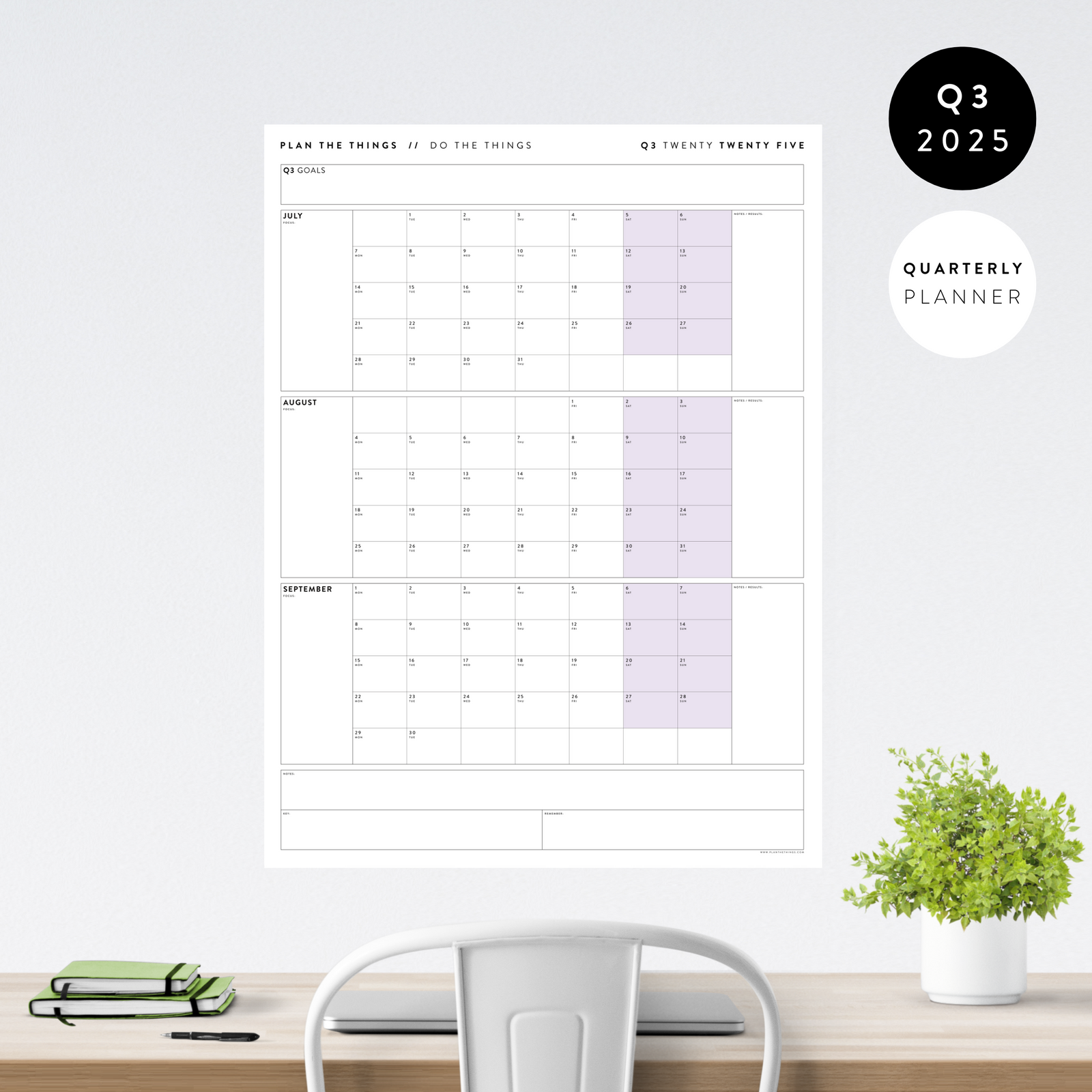 Q3 2025 QUARTERLY GIANT WALL CALENDAR (JULY - SEPTEMBER 2025) - PURPLE WEEKENDS