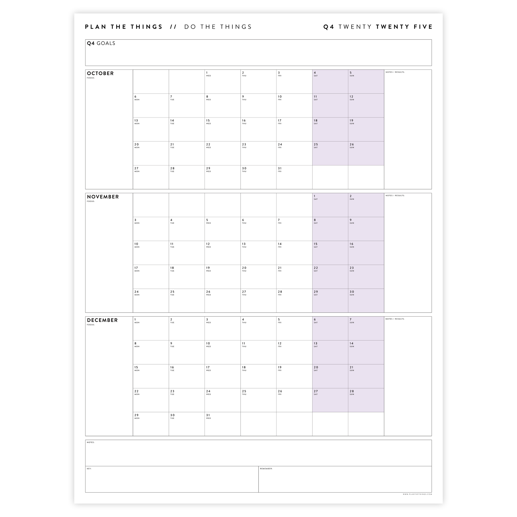 PRINTABLE Q4 (OCTOBER - DECEMBER) 2025 QUARTERLY WALL CALENDAR (PURPLE) - INSTANT PDF DOWNLOAD