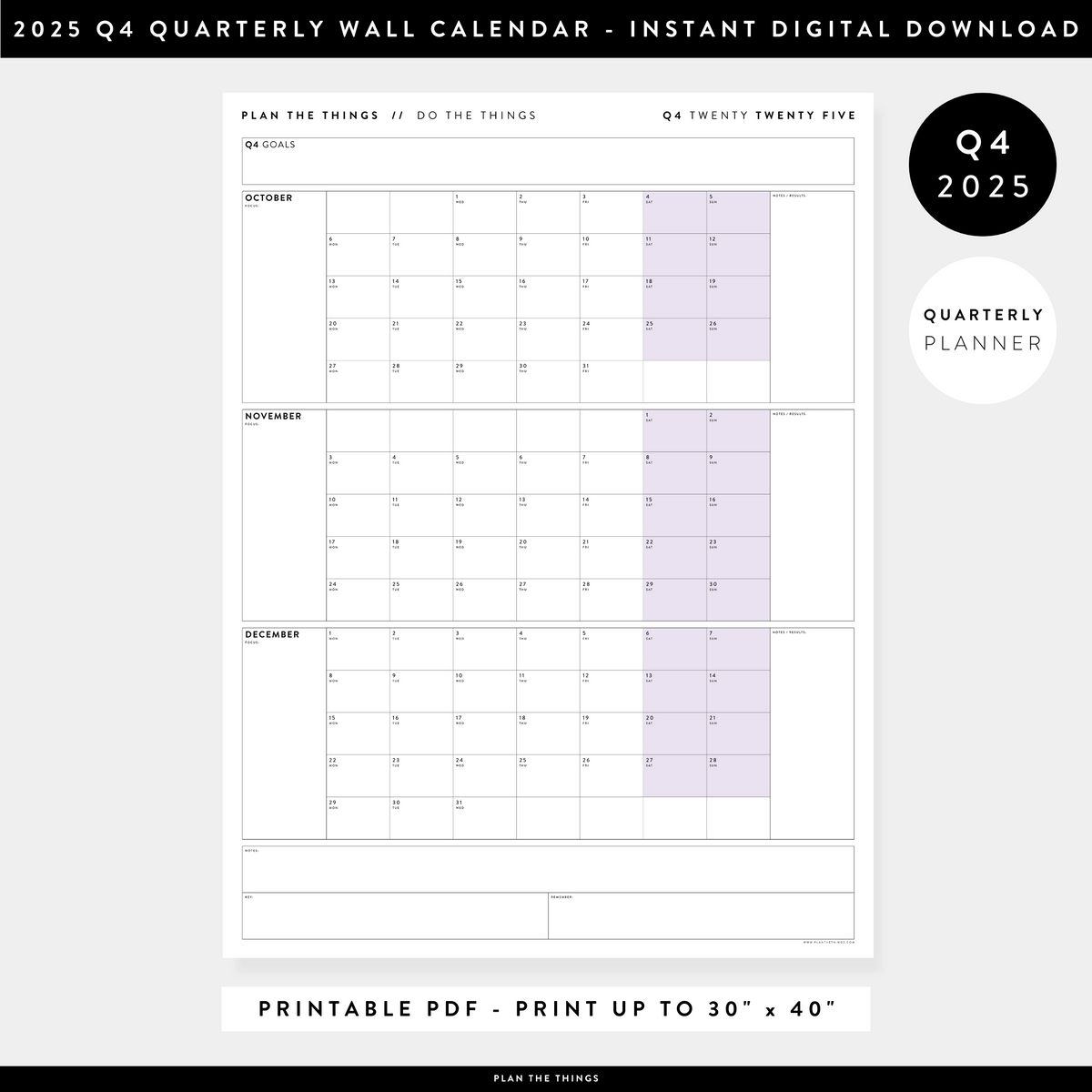 PRINTABLE Q4 (OCTOBER - DECEMBER) 2025 QUARTERLY WALL CALENDAR (PURPLE) - INSTANT PDF DOWNLOAD