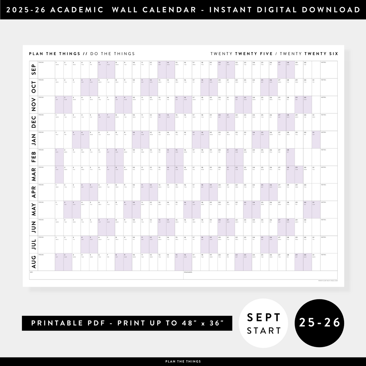 PRINTABLE 2025 - 2026 ACADEMIC WALL CALENDAR (SEPTEMBER START) | HORIZONTAL WITH PURPLE WEEKENDS - INSTANT DOWNLOAD