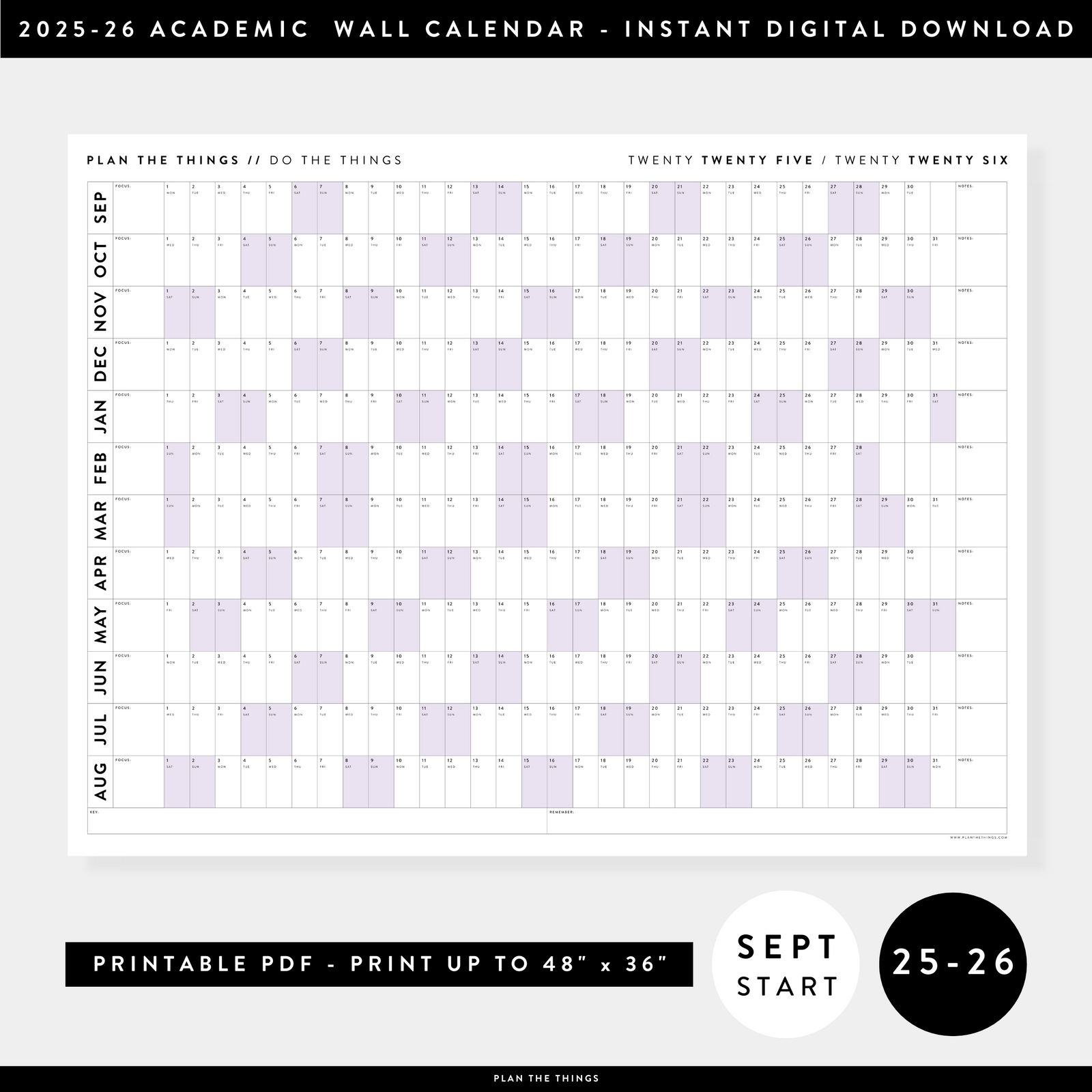 PRINTABLE 2025 - 2026 ACADEMIC WALL CALENDAR (SEPTEMBER START) | HORIZONTAL WITH PURPLE WEEKENDS - INSTANT DOWNLOAD