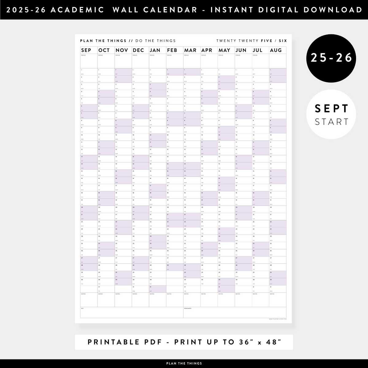 PRINTABLE 2025 - 2026 ACADEMIC WALL CALENDAR (SEPTEMBER START) | VERTICAL WITH PURPLE WEEKENDS - INSTANT DOWNLOAD