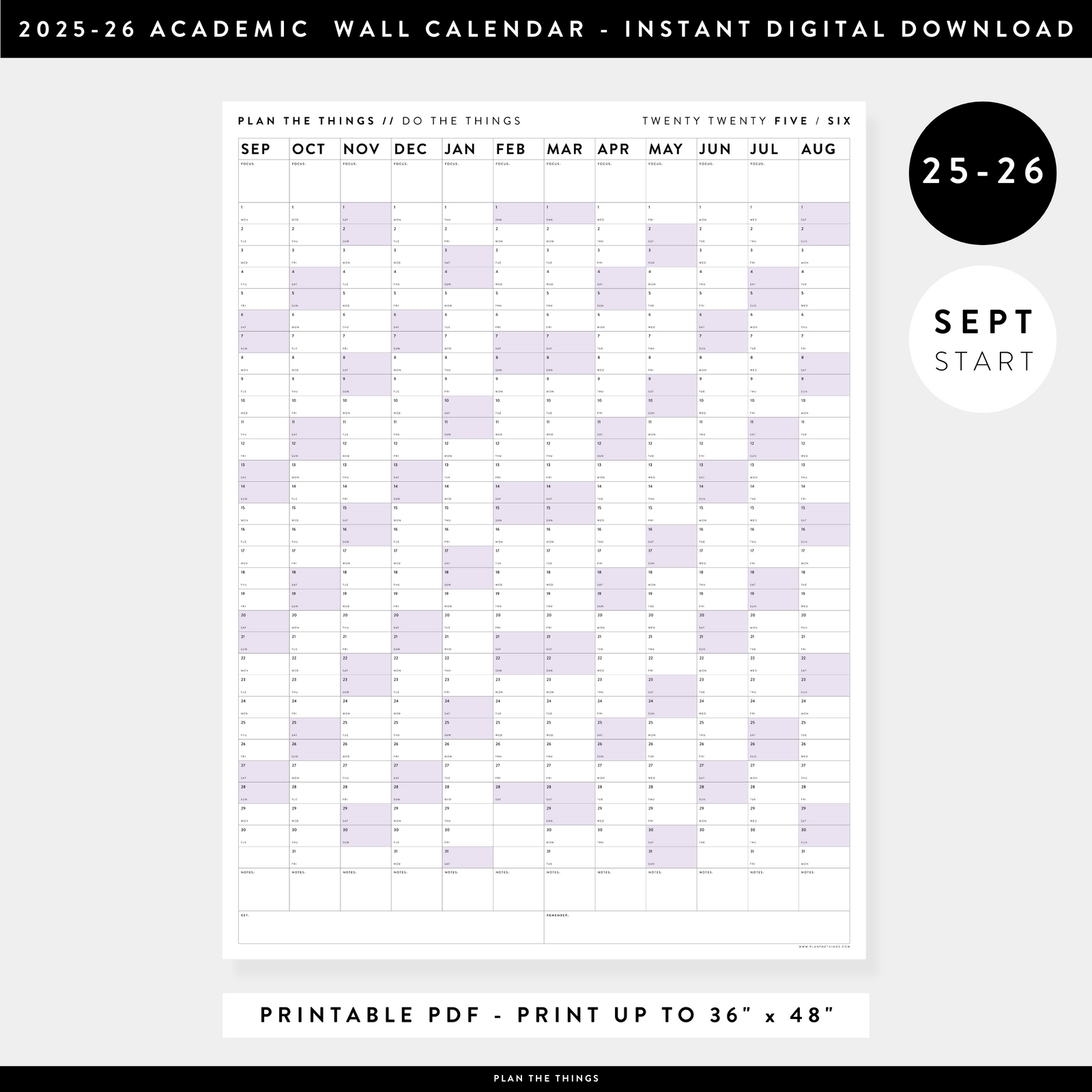 PRINTABLE 2025 - 2026 ACADEMIC WALL CALENDAR (SEPTEMBER START) | VERTICAL WITH PURPLE WEEKENDS - INSTANT DOWNLOAD