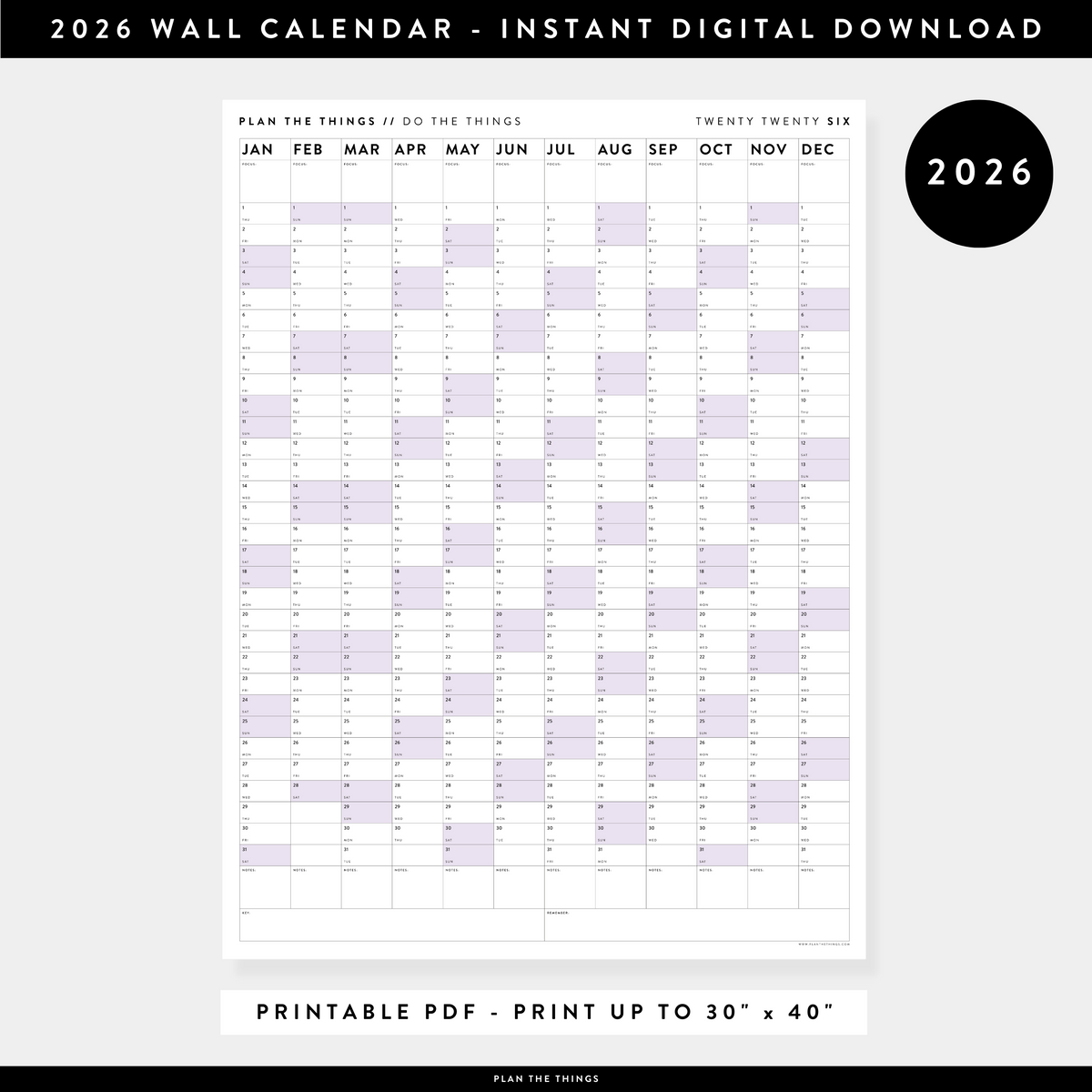 PRINTABLE VERTICAL 2026 WALL CALENDAR WITH PURPLE WEEKENDS - INSTANT DOWNLOAD