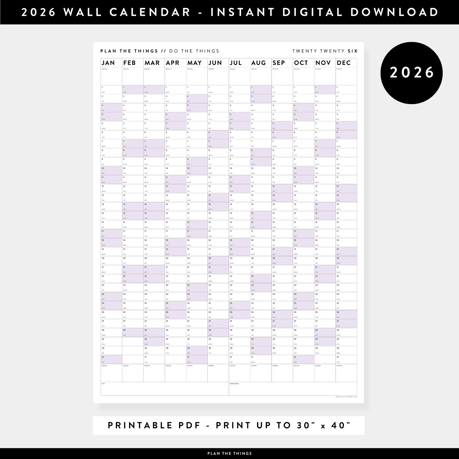 PRINTABLE VERTICAL 2026 WALL CALENDAR WITH PURPLE WEEKENDS - INSTANT DOWNLOAD