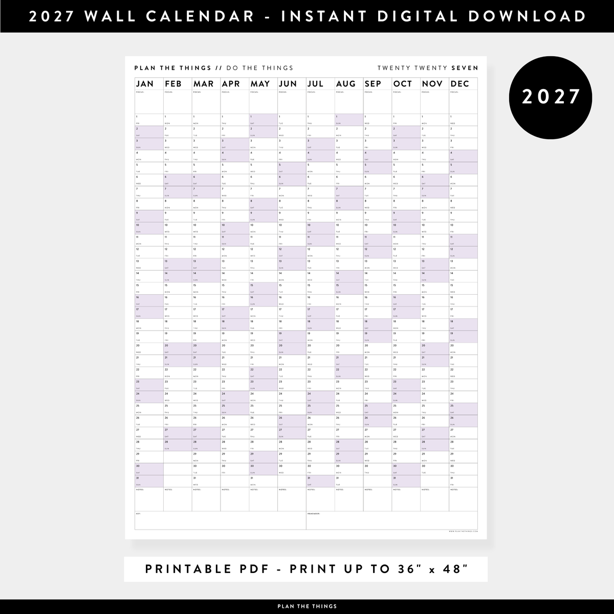 PRINTABLE VERTICAL 2027 WALL CALENDAR WITH PURPLE WEEKENDS - INSTANT DOWNLOAD