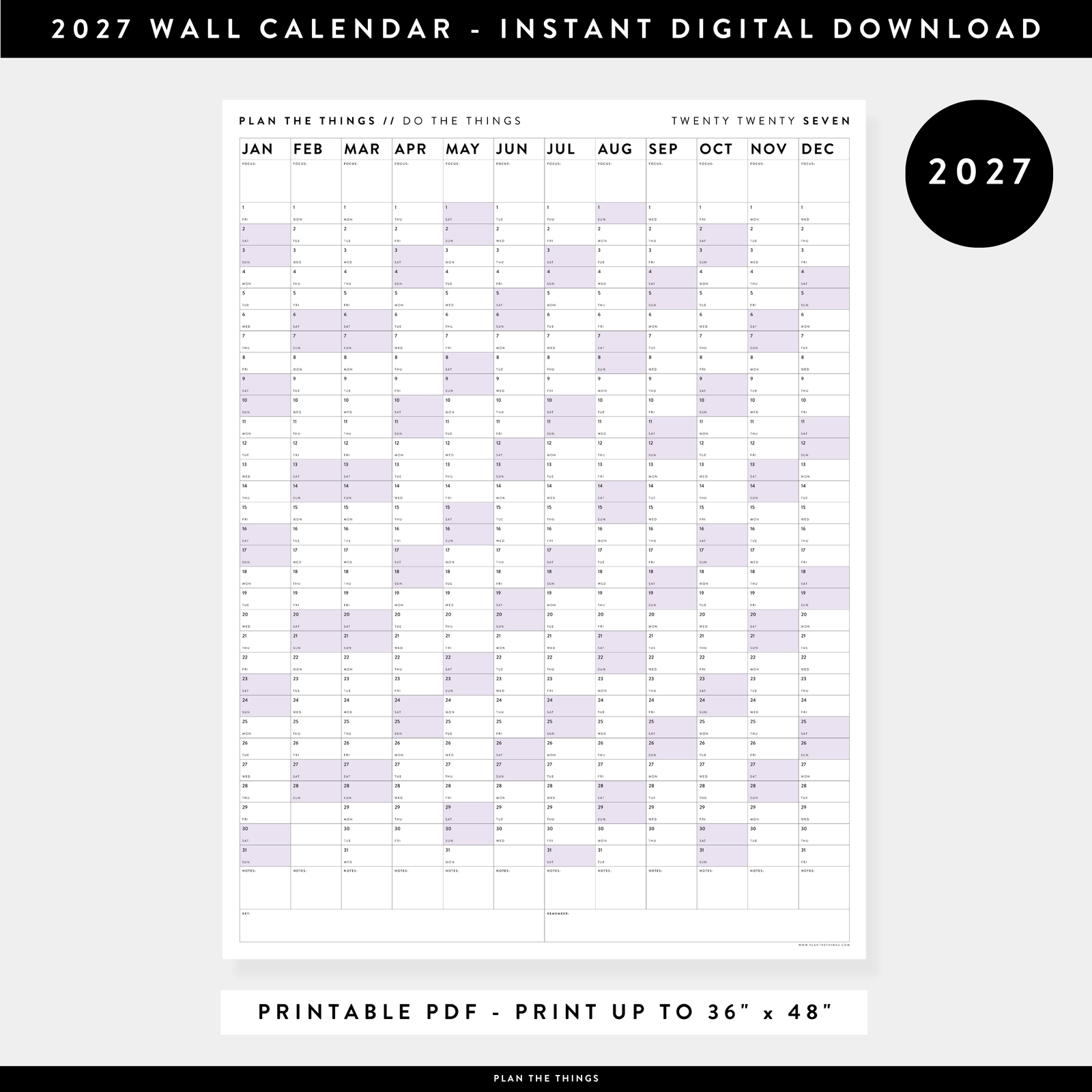 PRINTABLE VERTICAL 2027 WALL CALENDAR WITH PURPLE WEEKENDS - INSTANT DOWNLOAD
