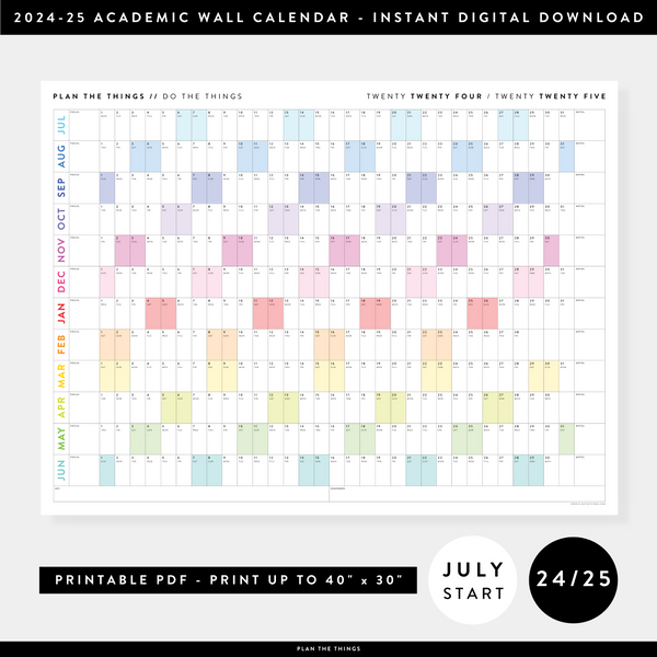 PRINTABLE 2024 - 2025 ACADEMIC WALL CALENDAR (JULY START) | HORIZONTAL - Plan The Things printable-2024-2025-academic-wall-calendar-july-start-horizontal-plan-the-things