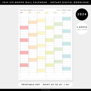 PRINTABLE SIX MONTH 2024 WALL CALENDAR (JANUARY TO JUNE) WITH RAINBOW WEEKENDS - INSTANT DOWNLOAD