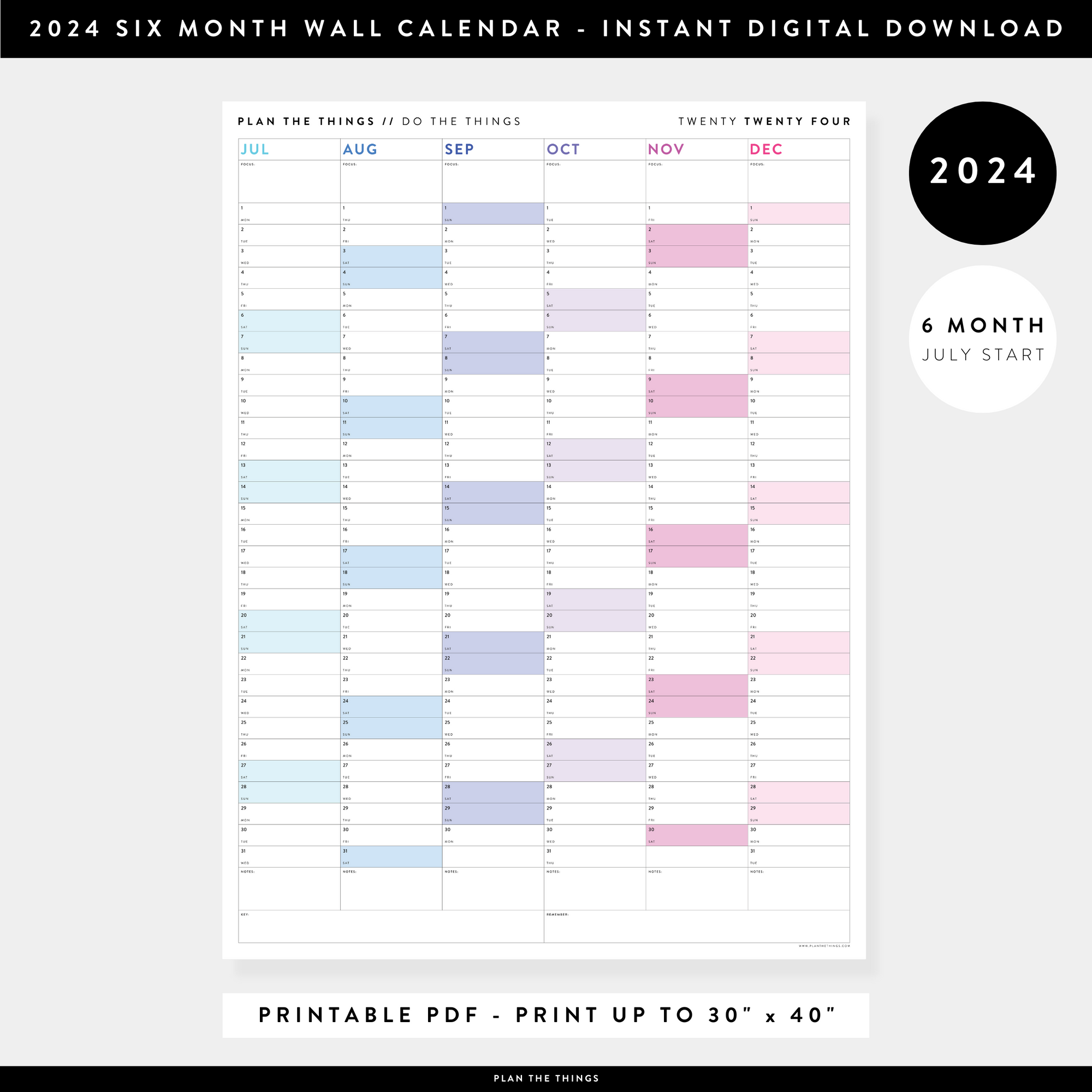 PRINTABLE SIX MONTH 2024 WALL CALENDAR (JULY TO DECEMBER) WITH RAINBOW WEEKENDS - INSTANT DOWNLOAD