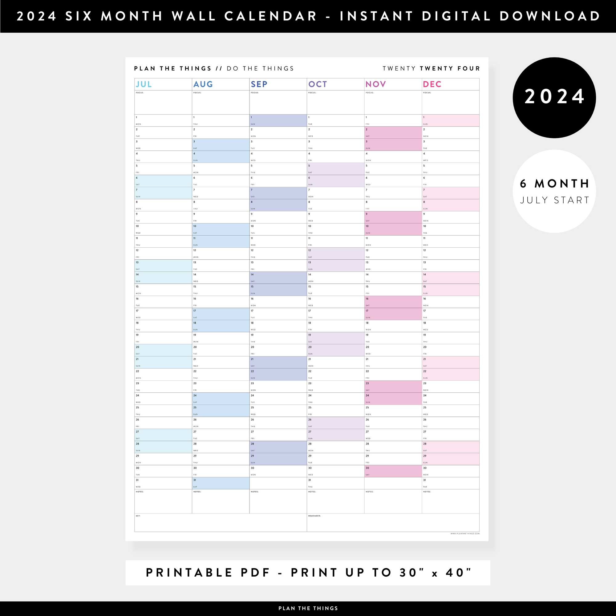 PRINTABLE 2024 SIX MONTH CALENDARS | JULY - DECEMBER // INSTANT DOWNLO - Plan The Things printable-2024-six-month-calendars-july-december-instant-downlo-plan-the-things