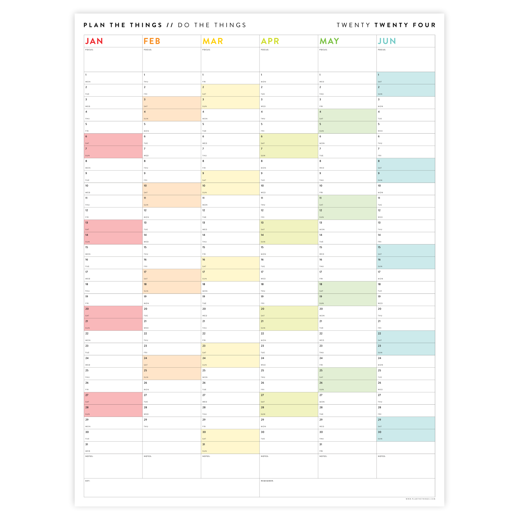 SIX MONTH 2024 GIANT WALL CALENDAR (JANUARY TO JUNE)  WITH RAINBOW WEEKENDS