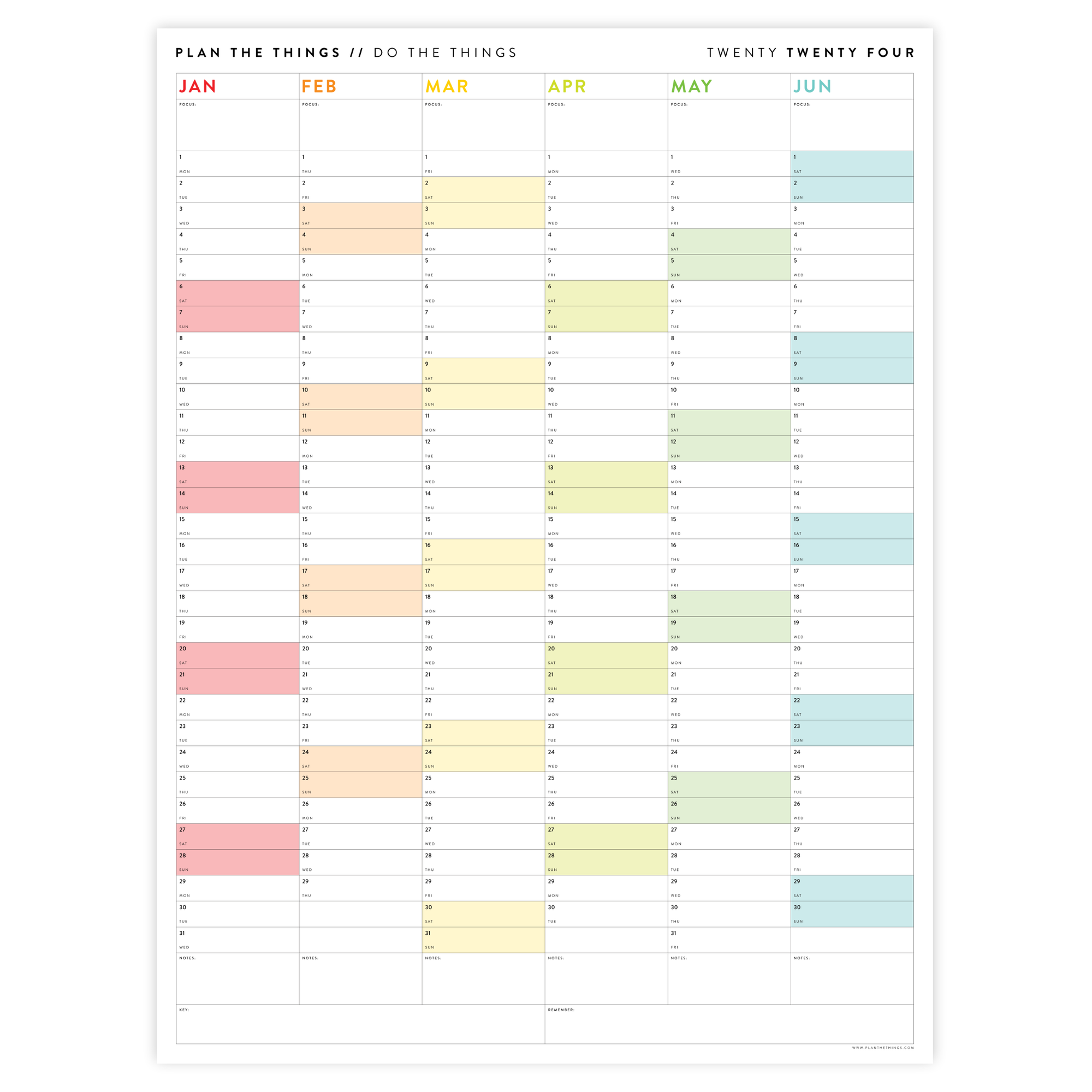 PRINTABLE SIX MONTH 2024 WALL CALENDAR (JANUARY TO JUNE) WITH RAINBOW WEEKENDS - INSTANT DOWNLOAD