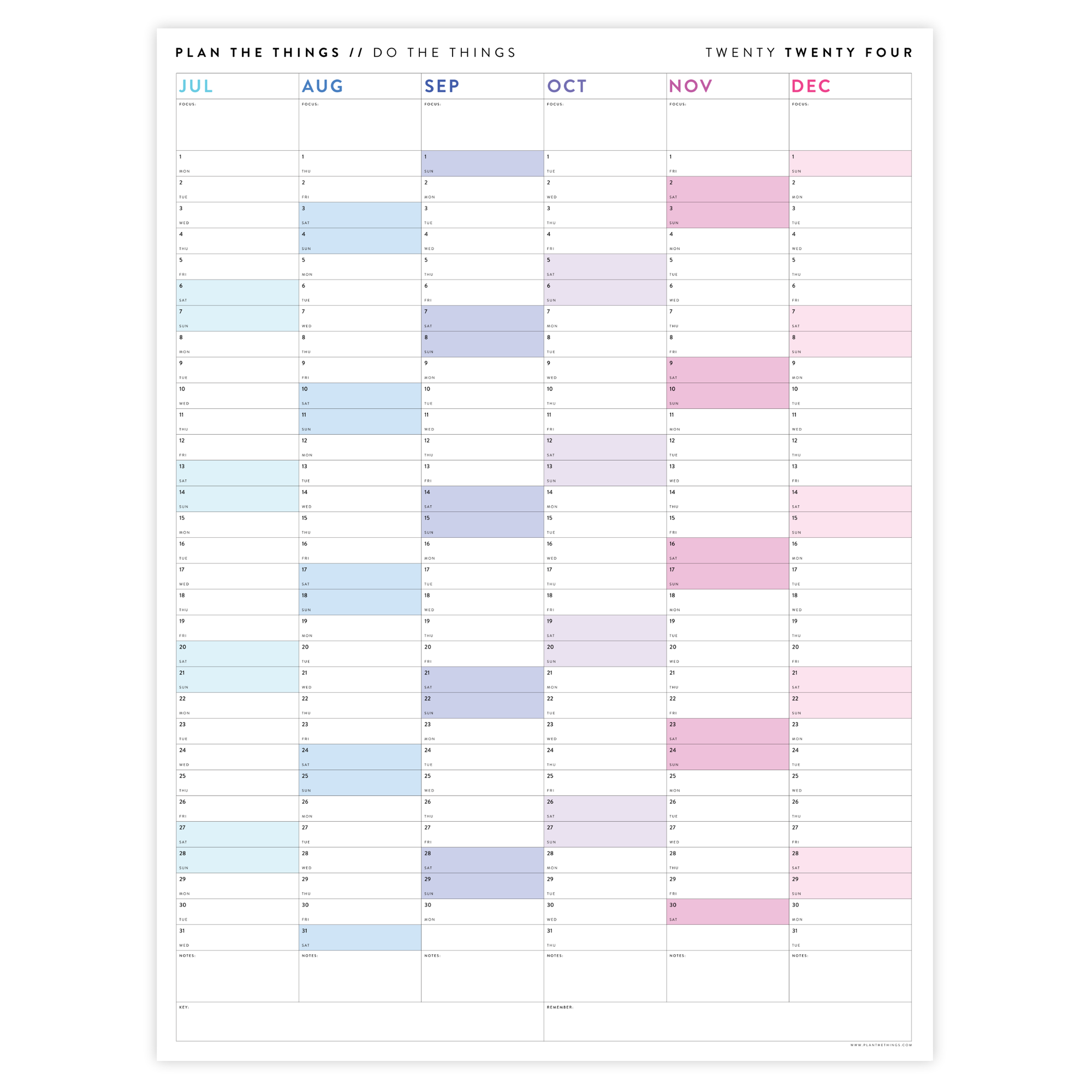 PRINTABLE SIX MONTH 2024 WALL CALENDAR (JULY TO DECEMBER) WITH RAINBOW WEEKENDS - INSTANT DOWNLOAD